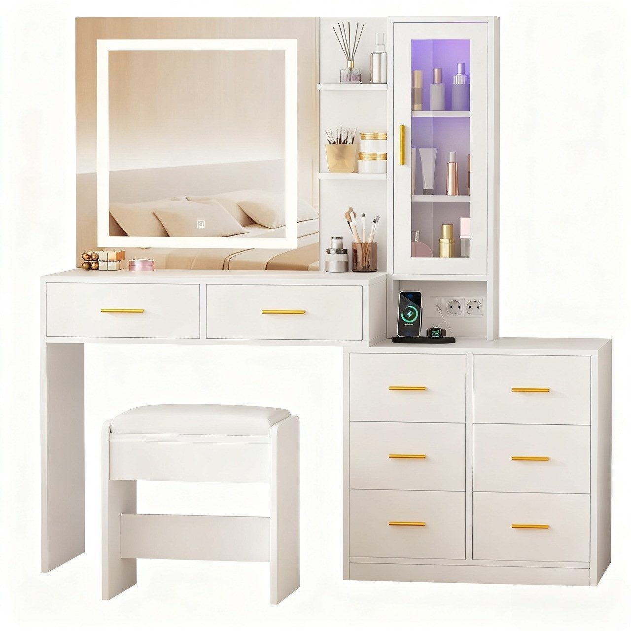 BEWISHOME Schminktisch mit Spiegel und Hocker, acht Schubladen, 131 x 40x 140cm (1-St), farbiger Beleuchtung und einstellbarer LED-Beleuchtung