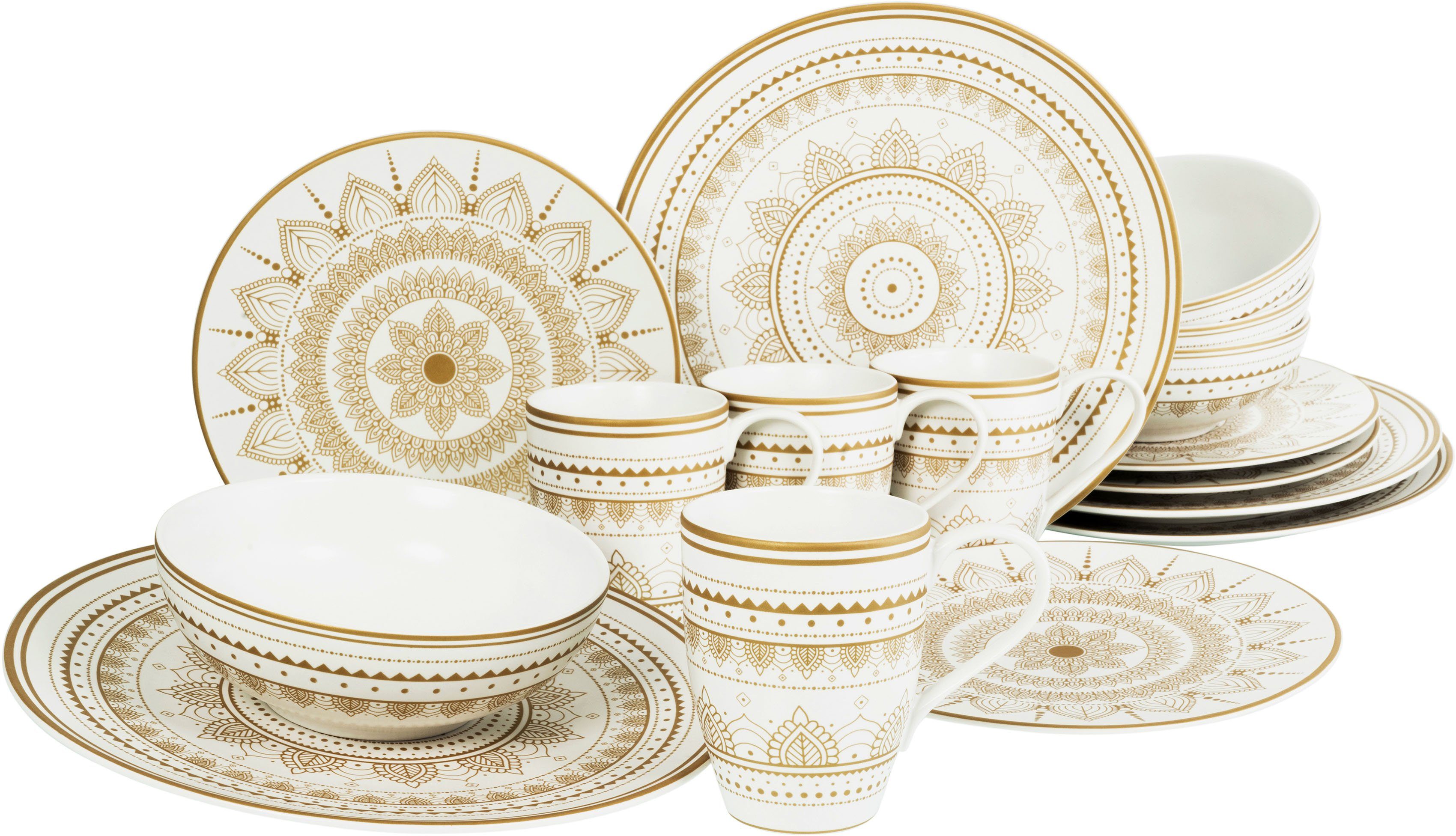 CreaTable Комбіноване обслуговування Mandala Gold (16-tlg), 4 Personen, Steinzeug, Service, goldene orientalische Motive, 16 Teile, für 4 Personen