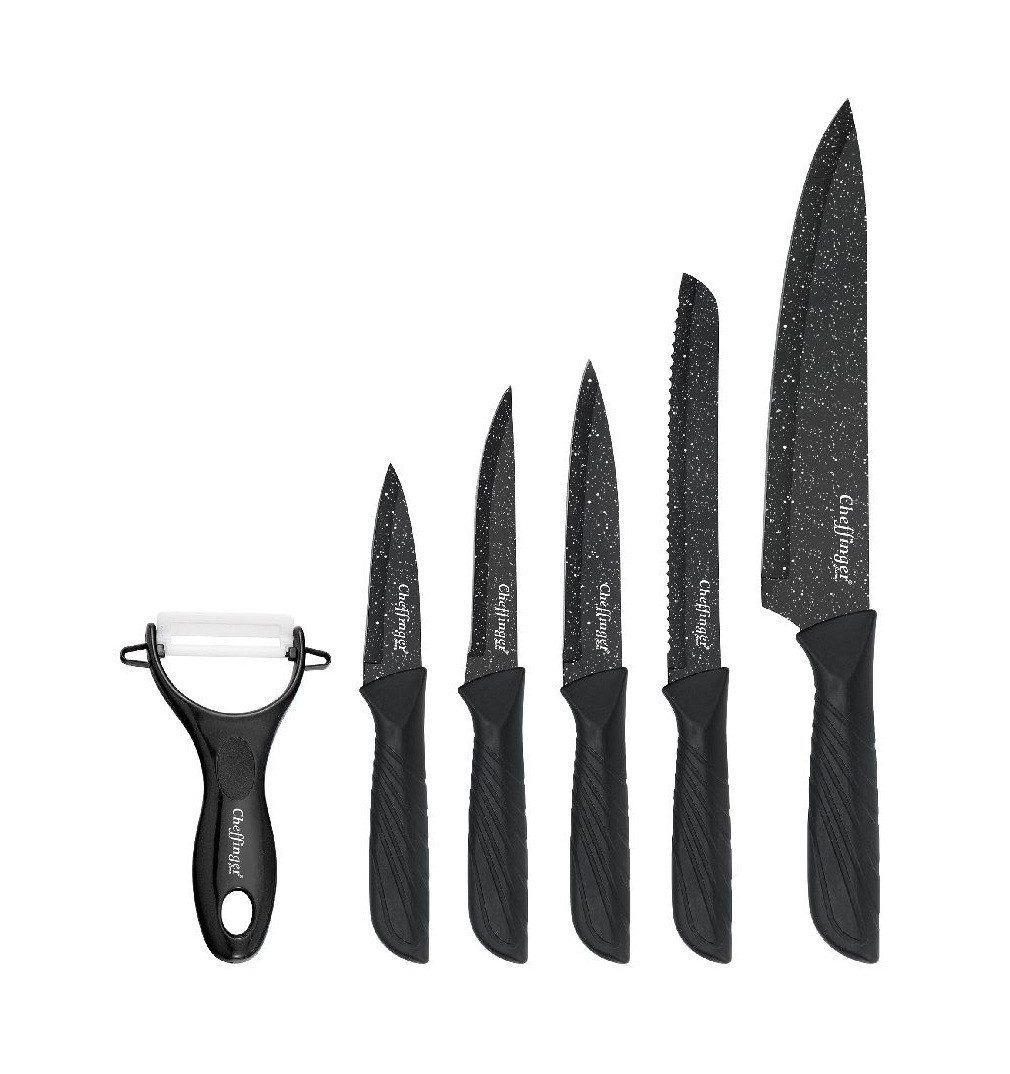 Cheffinger Messer-Set 6-teilig mit Schäler in Schwarz - kompakt, scharf & stilvoll (6-tlg), Edelstahl, 6-teilig