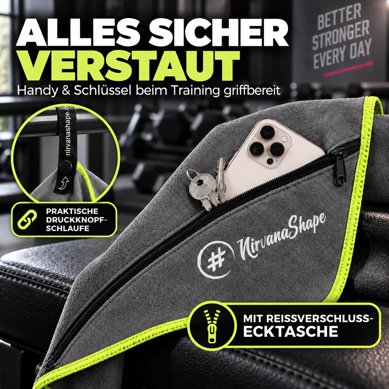 NirvanaShape Sporthandtuch NirvanaShape Mikrofaser Fitnesshandtuch mit Ecktasche und Knöpfen, saugfähig, leicht, schnelltrocknend, für Reisen, Fitness, Yoga, Sa – Bild 3 von 5