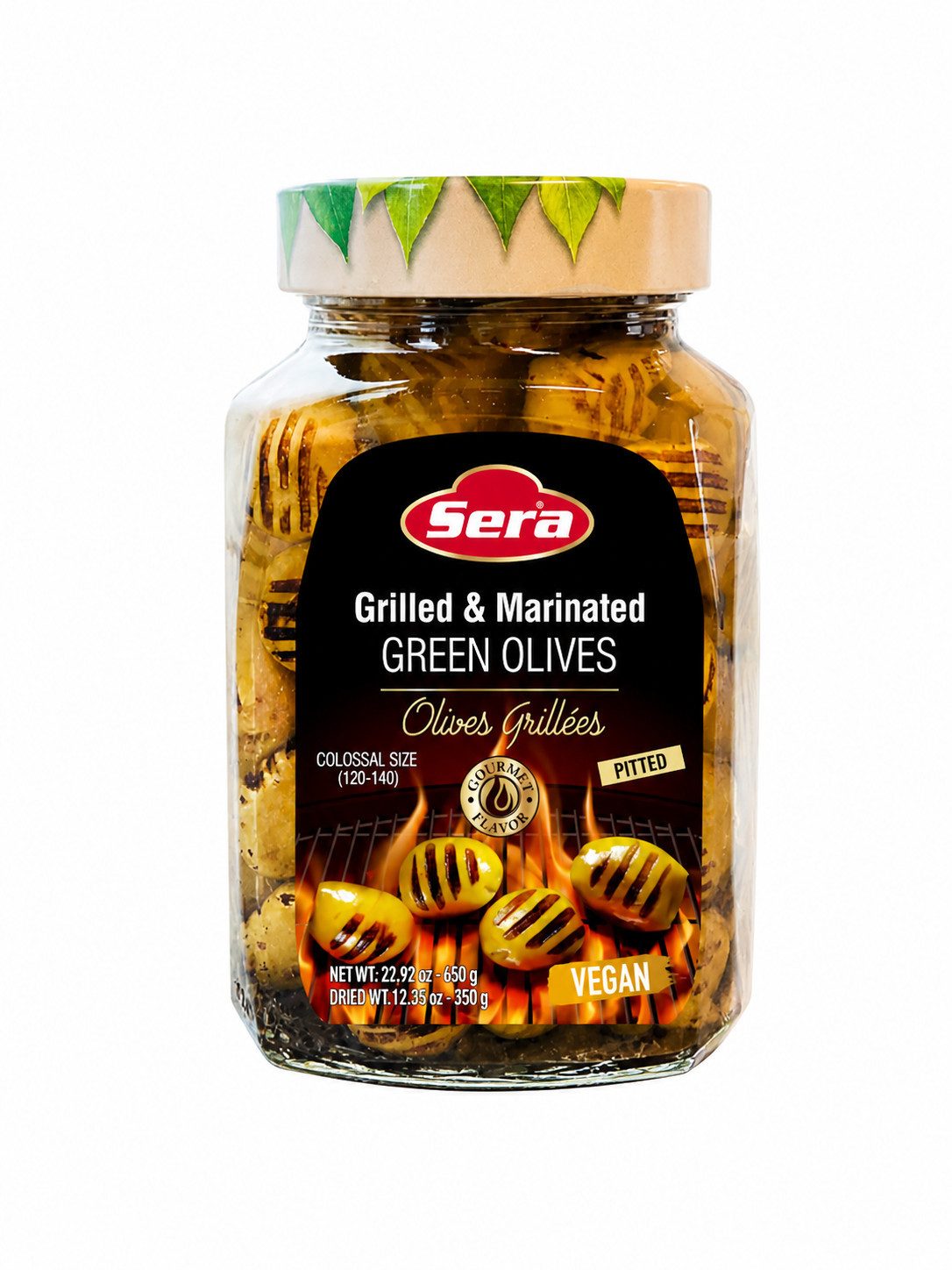 SERA FOOD Antipasti Sera Gegrillte Grüne Oliven Colossal 350g, 1 x 350 g, Colossal Oliven, Auf offener Flamme gegrillt, Rauchiges Aroma