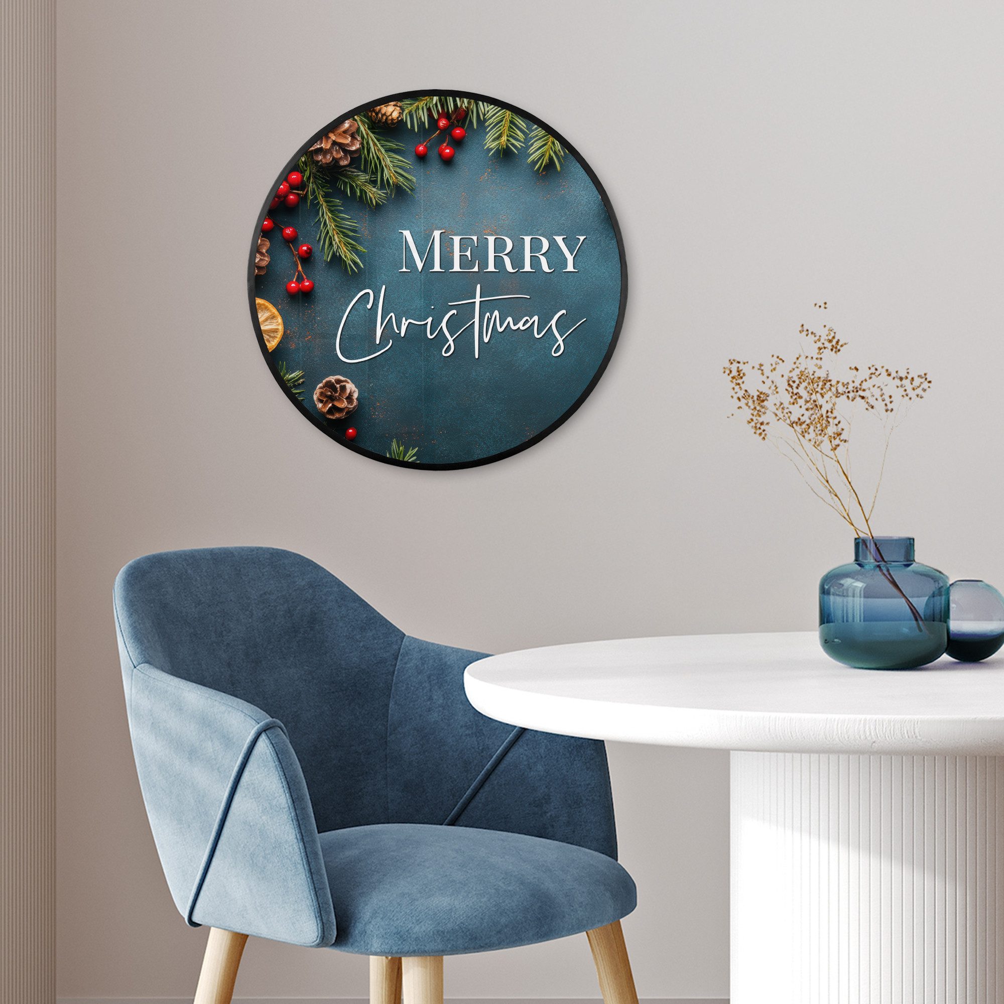 MuchoWow Poster Rund - Frohe Weihnachten - Blau - Weihnachten - Winter, (1 St), Runde Wandbilder, Deko für Wohnzimmer und Schlafzimmer, 40x40 cm