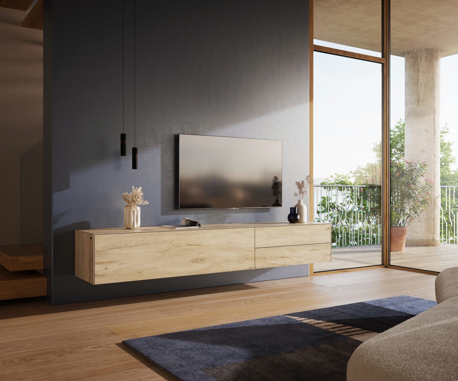 DELIFE Lowboard Cuor, Keramik Laminam® Sabbia Eichefarbig 220 cm 1 Klappe 2 Schubfächer Schw
