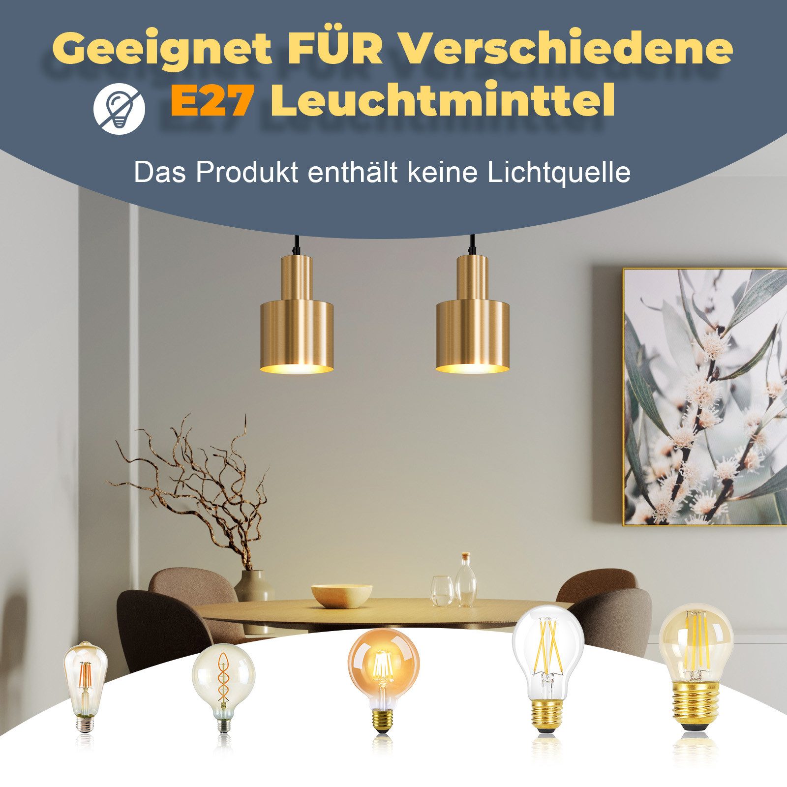 ZMH Pendelleuchte Esszimmer 1 Flammig Gold Hängeleuchte Modern E27 Metall Küche, ohne Leuchtmittel, Esstisch Vintage Pendellampe Schlafzimmer – Bild 2 von 5