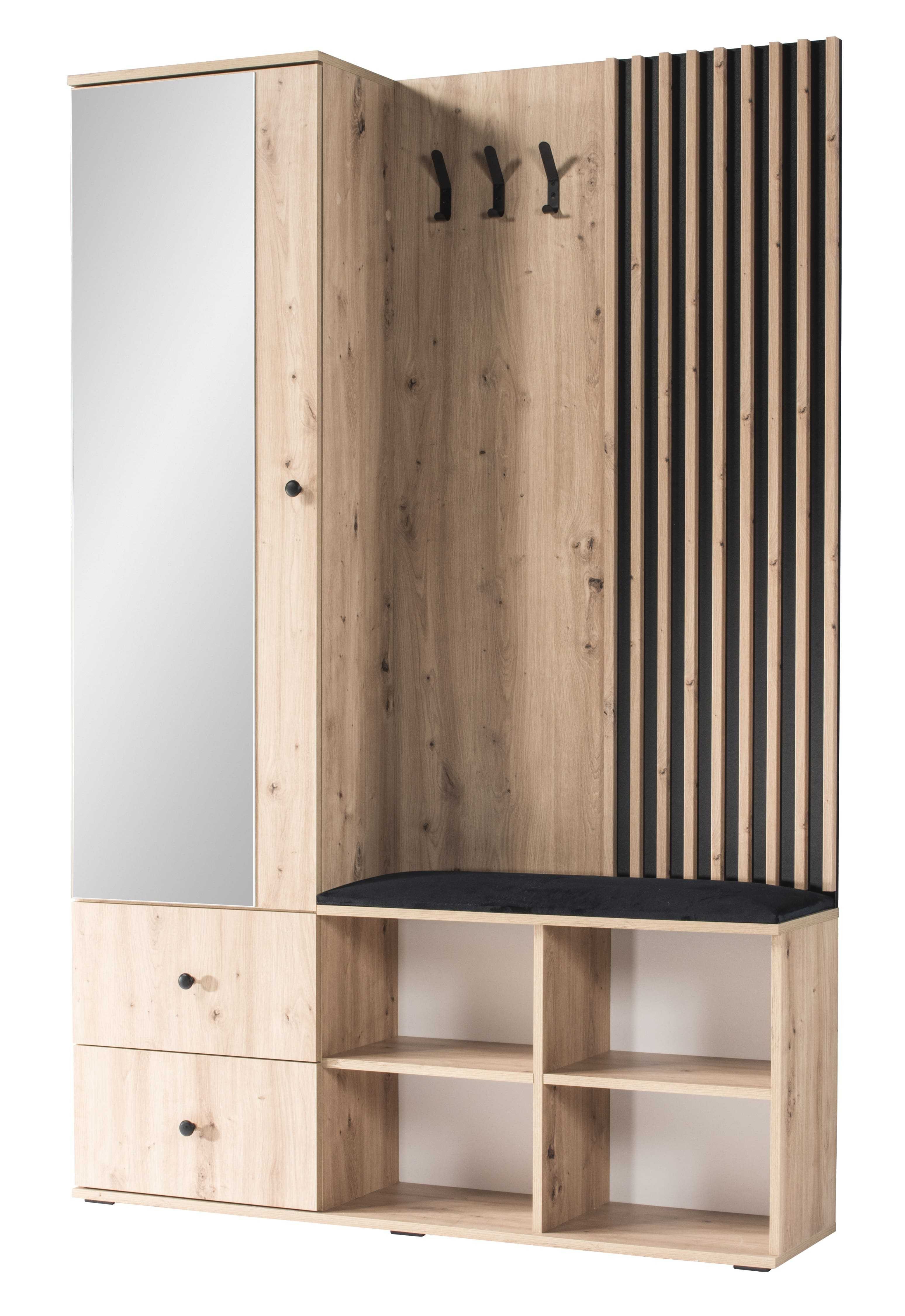 Marmex Möbel Garderobenschrank CALI mit Spiegel, Schubladen und Lamellen für den Flur