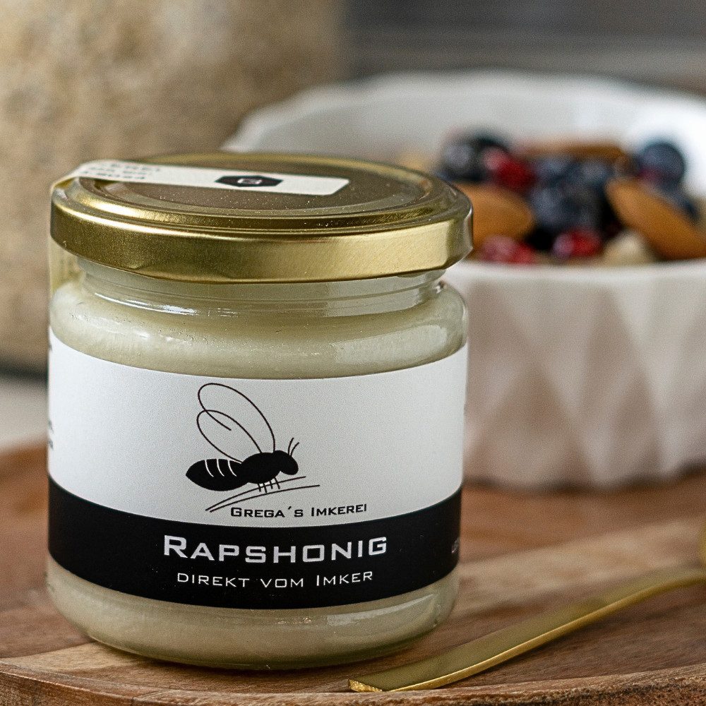 Grega´s Imkerei Honig Deutscher Raps Honig, 1 x 250 g, (Streichzarter Imkerhonig direkt vom Imker, Regionaler Honig aus Deutschland NRW), fein cremiger milder deutscher Rapshonig direkt vom Imker