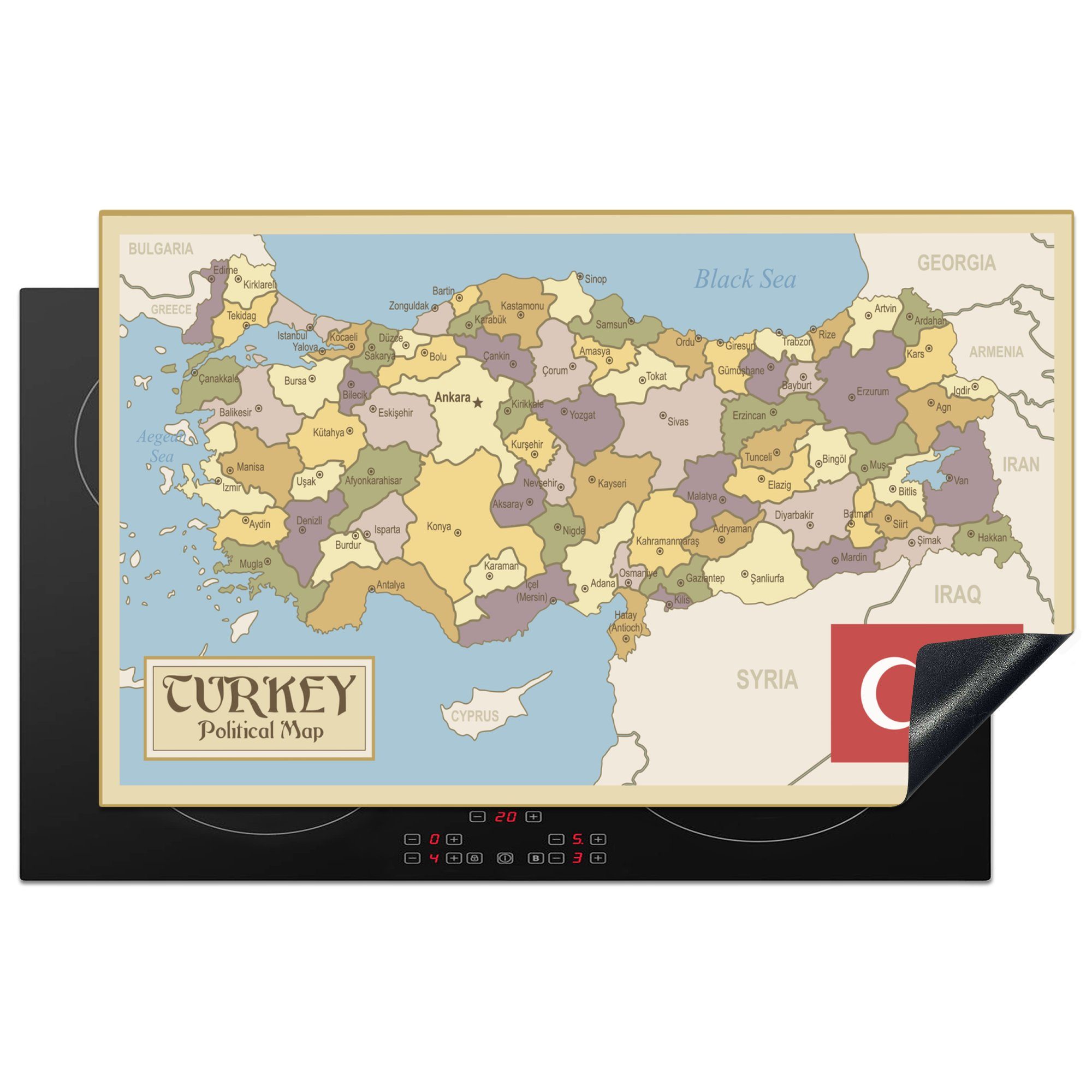 MuchoWow Herdblende-/Abdeckplatte Retro-Karte der Türkei mit der türkischen Flagge, Vinyl, (1 tlg), 83x51 cm, Ceranfeldabdeckung, Arbeitsplatte für küche