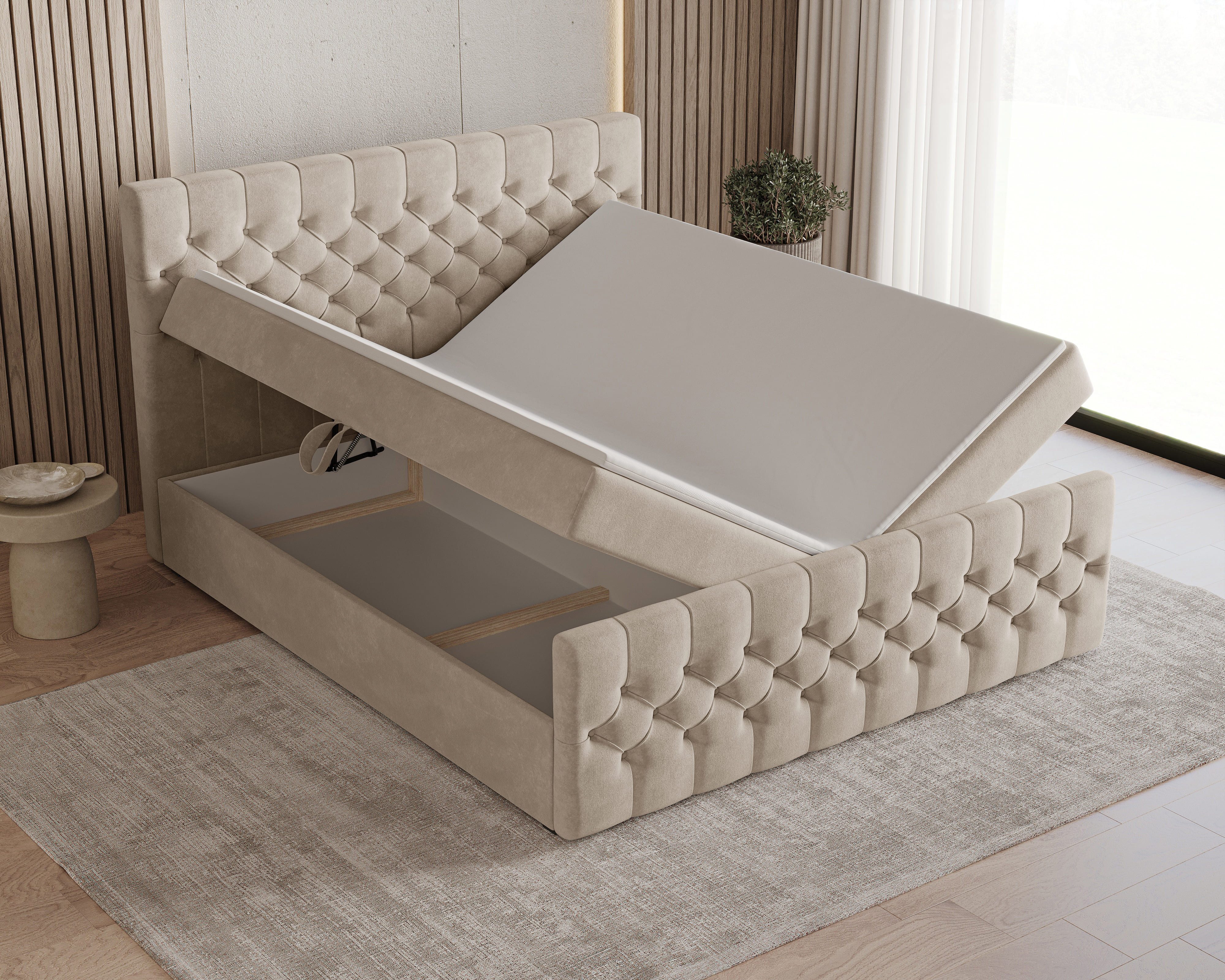 MOEBLO Boxbett Bett 12 (Luxusbett im Chesterfield-Design, 140x200 cm, Velours-Bezug, Hoher Schlafkomfort, modernes Velours-Design mit Steppung Polsterbett Kontinentalbett, dekorativem Kopfteil, aus Samt, inklusive Topper und Bettkasten), (BxHxT):144/164/184x113x223 cm