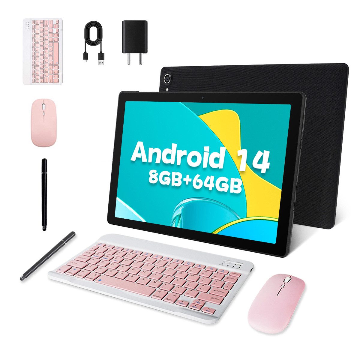 Happybe 10-Zoll-Tablet Android 14 5000mAh mit Maus, Tastatur und Stylus Tablet (10", 64 GB, Dual-Kamera)