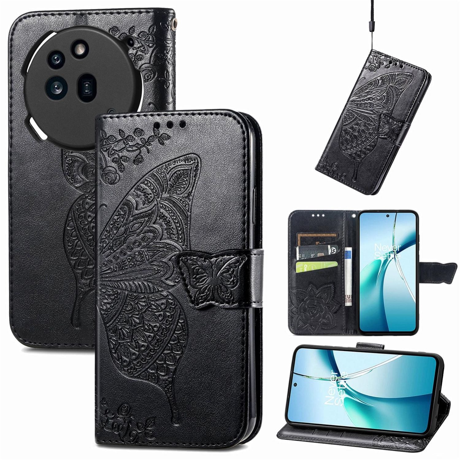 Wigento Smartphone-Hülle Für Nothing Phone 3a Pro Kunstleder Schmetterling Tasche Hülle Schwarz, Kunst-Leder Schutzhülle Smart Case Cover magnetischer Verschluss