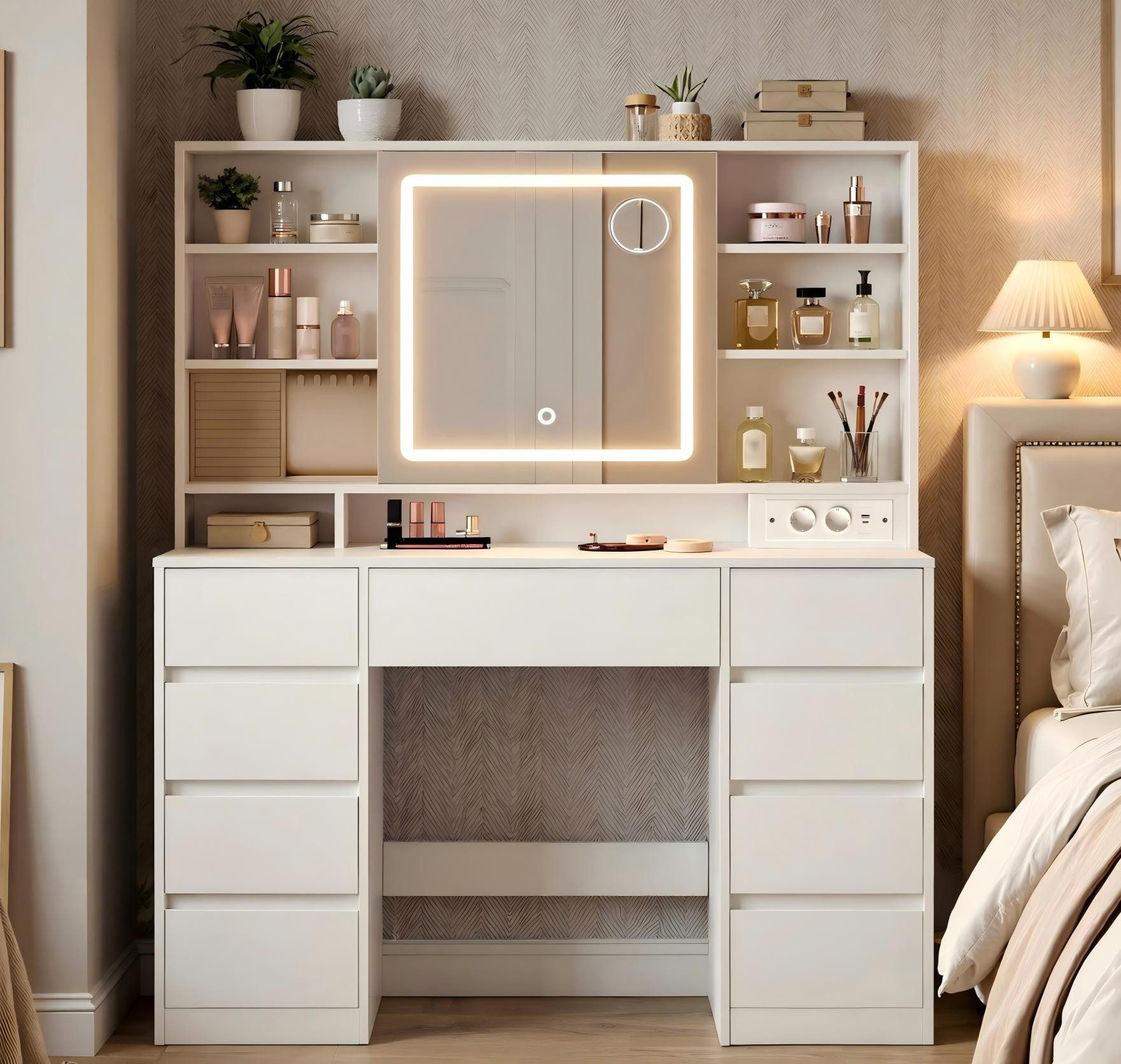 VASAGLE Schminktisch mit Spiegel und LED-Leuchten, Steckdosenleiste, 9 Schubladen (1 Tisch), 10x Vergrößerungsspiegel, 3 Lichtfarben, werkzeuglose Gleitschienen