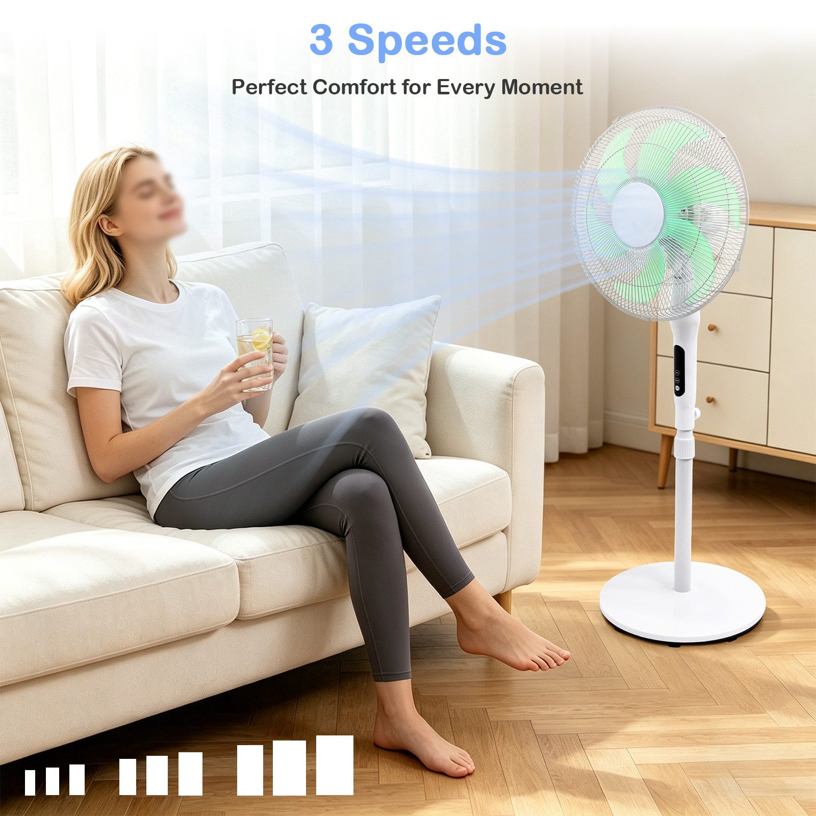 OZAVO Standventilator K-010D mit Fernbedienung, Oszillation 90° höhenverstellbar,9h timer, 100-125cm Leiser Ventilator mit 3 Geschwindigkeitsstufen