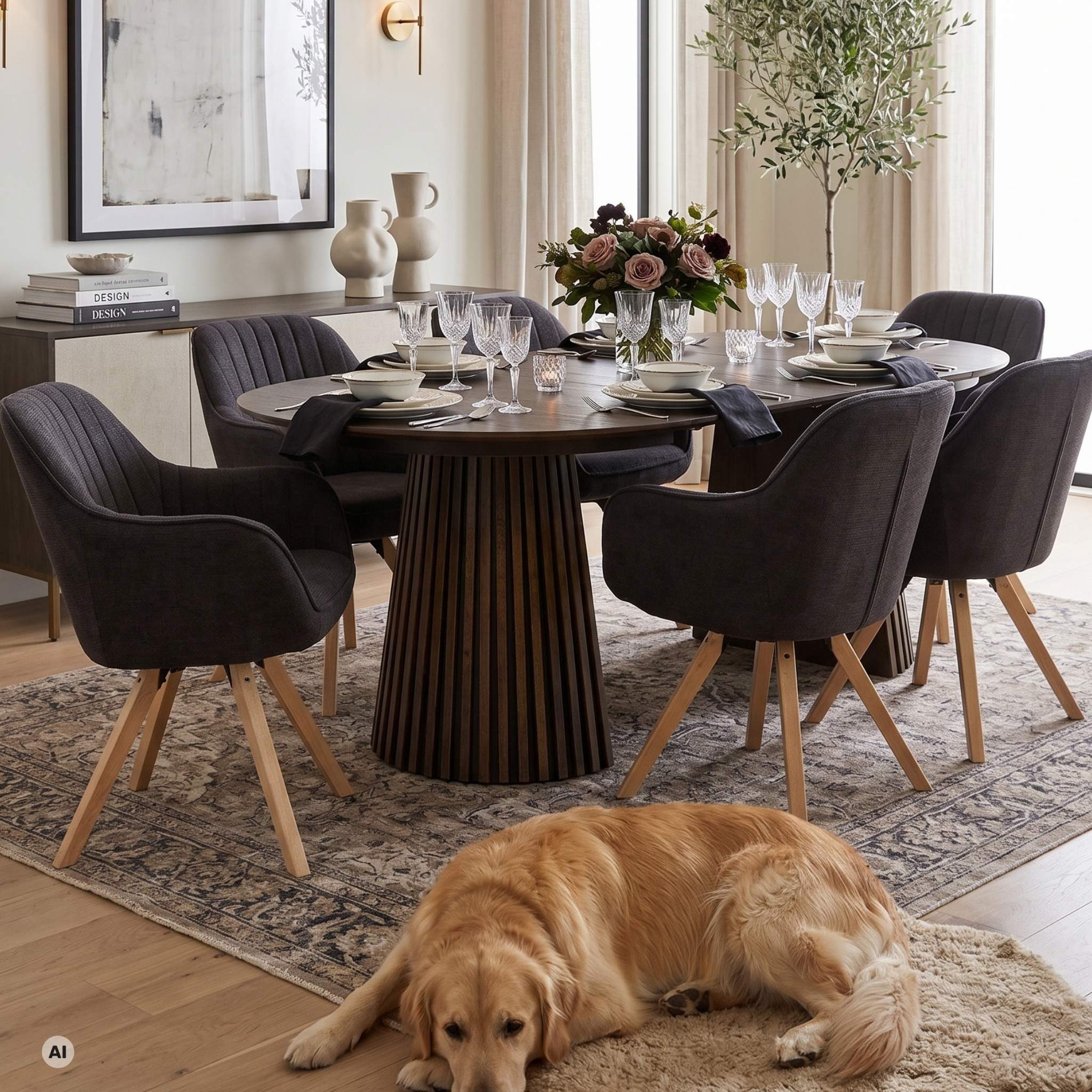 MR.DEKO Esszimmer-Set Sitzgruppe Essgruppe Matera dark grey & Tisch Barletta ausziehbar, (7-teiliges Essgruppe-Set mit 6 Sesseln & ausziehbaren Tisch, 7-St., Esszimmer-Set für 6 Personen), 6 drehbare Sessel in Grau & runder Tisch zum ausziehen