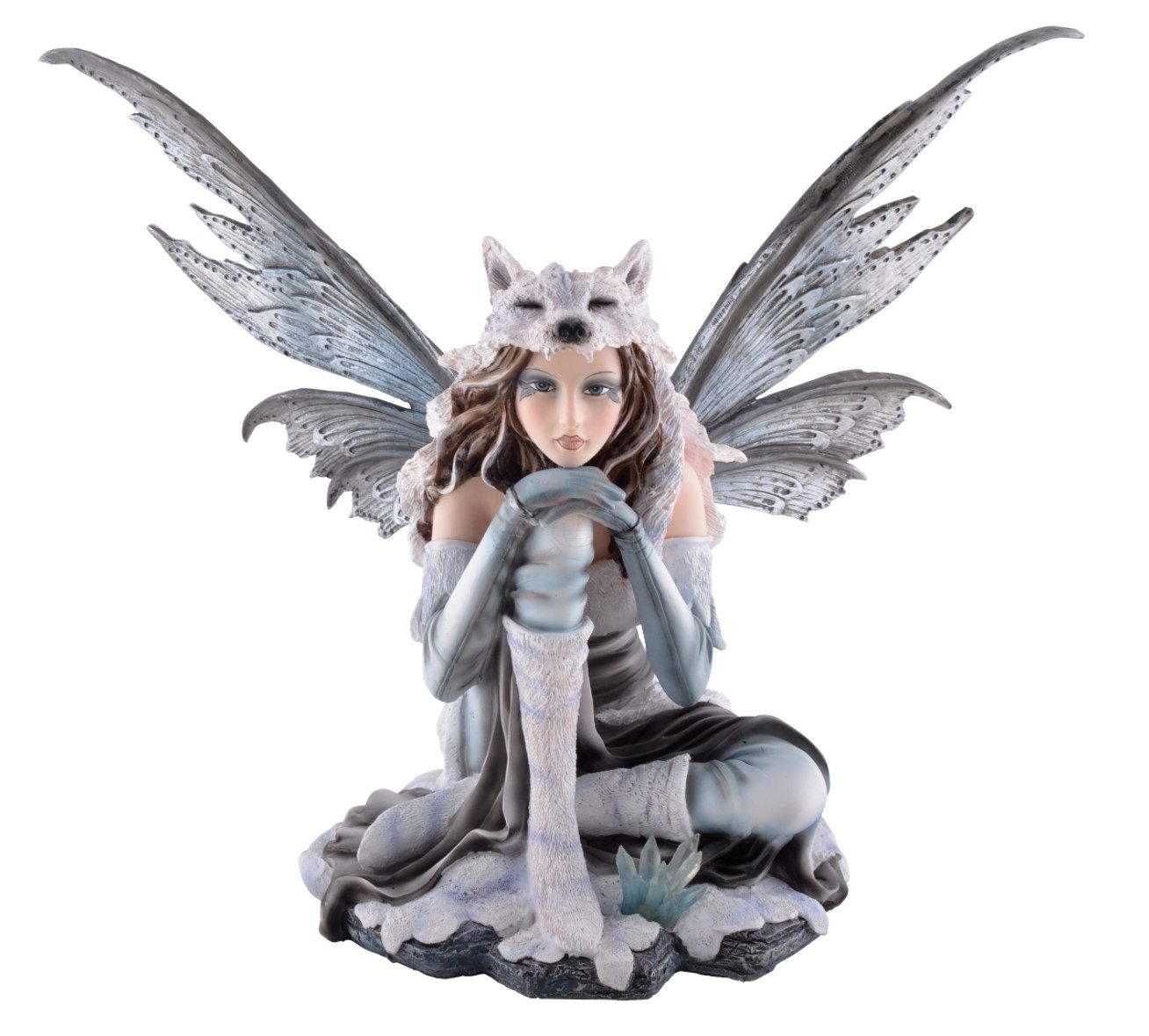 Vogler Dekofigur Wolfsfee Lupa sitzend Feenfigur mit Wolfskappe im Schnee 46cm