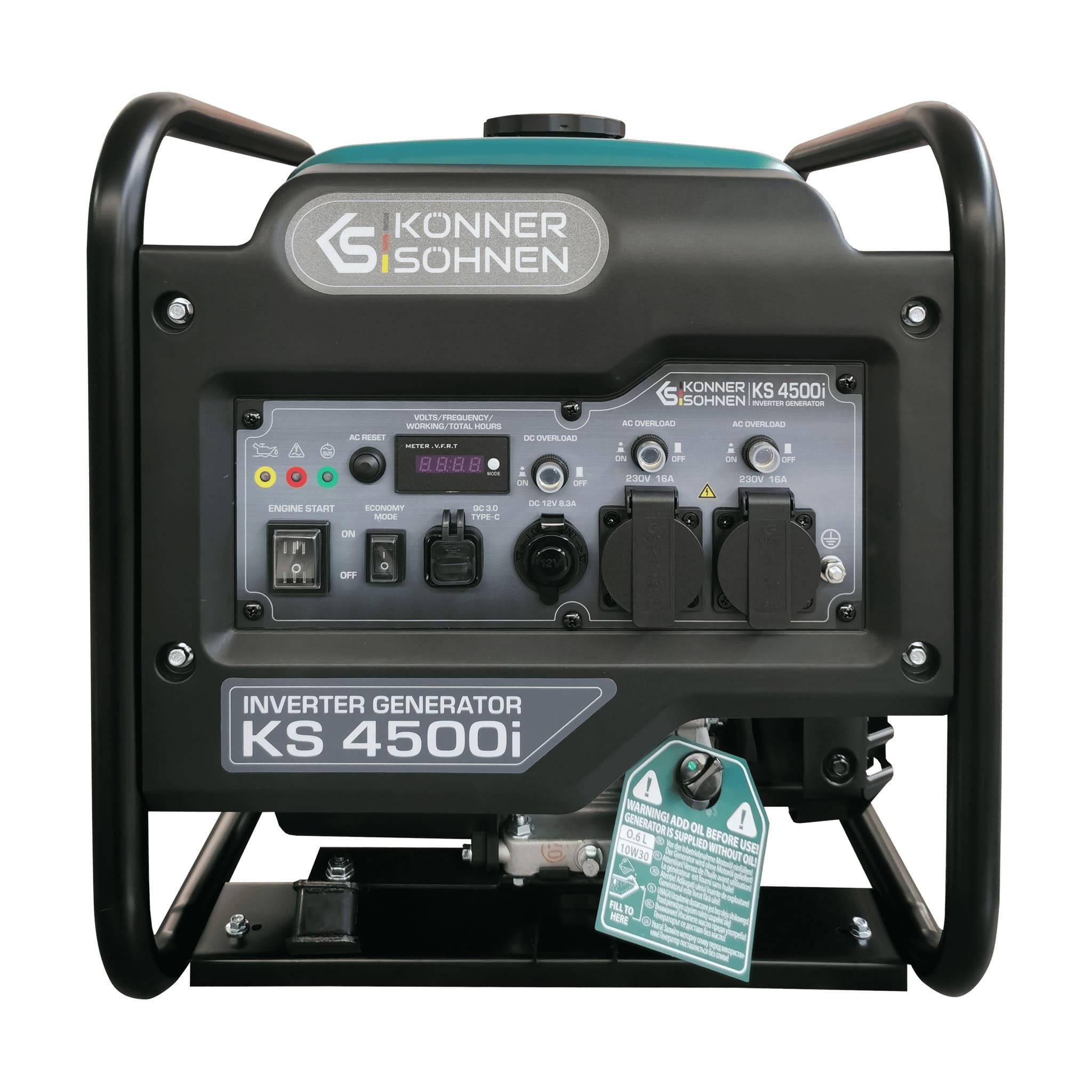 Könner & Söhnen Stromerzeuger KS 4500i, 4,5 in kW, (Inverter-Generator 4.5kW mit reiner Sinuswelle & USB, 1-tlg., 4500W Max, 4-Takt EURO V Motor, 13L Tank, Eco-Modus), Reine Sinuswelle, 100% Kupfer, USB QC 3.0, LED-Display