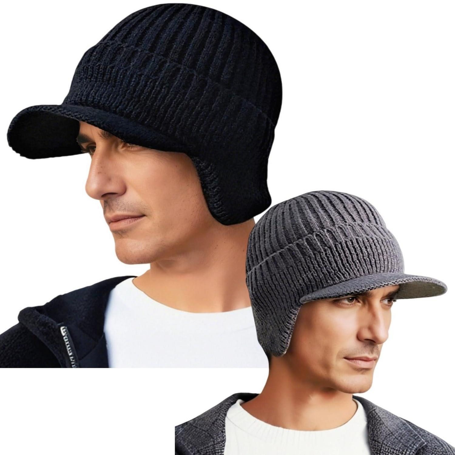 LuxusKollektion Strickmütze Wintermütze Herren Ohrenklappen Strickmütze Einheitsgröße Schwarz+grau