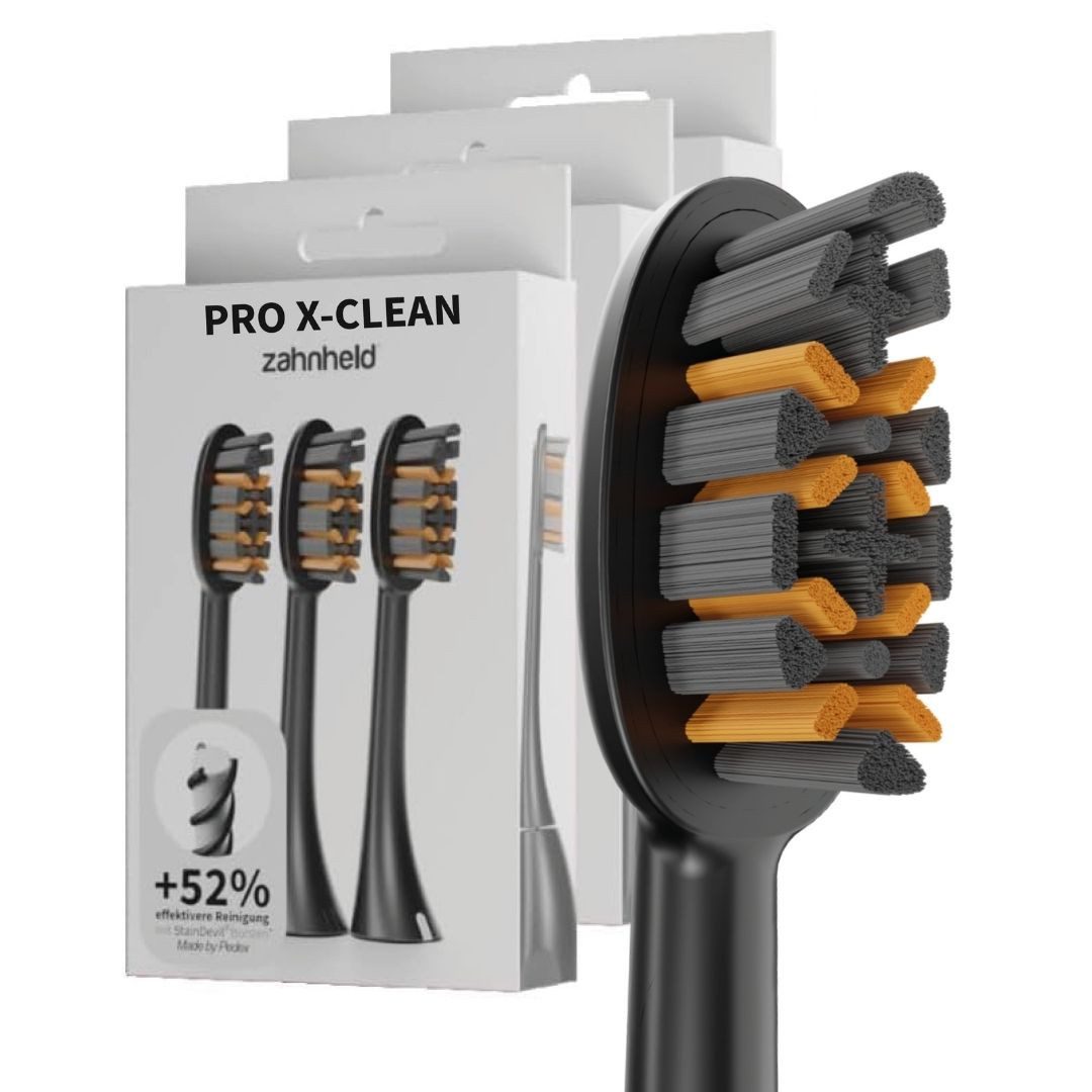 Zahnheld Aufsteckbürsten Ersatzbürsten Pro X-Clean für Schallzahnbürste Gero, im 3er, 6er oder 9er Set, Zahnpflege Set, Wechselköpfe, sanfte Reinigung, plastikfrei verpackt, 9 Stück, schwarz