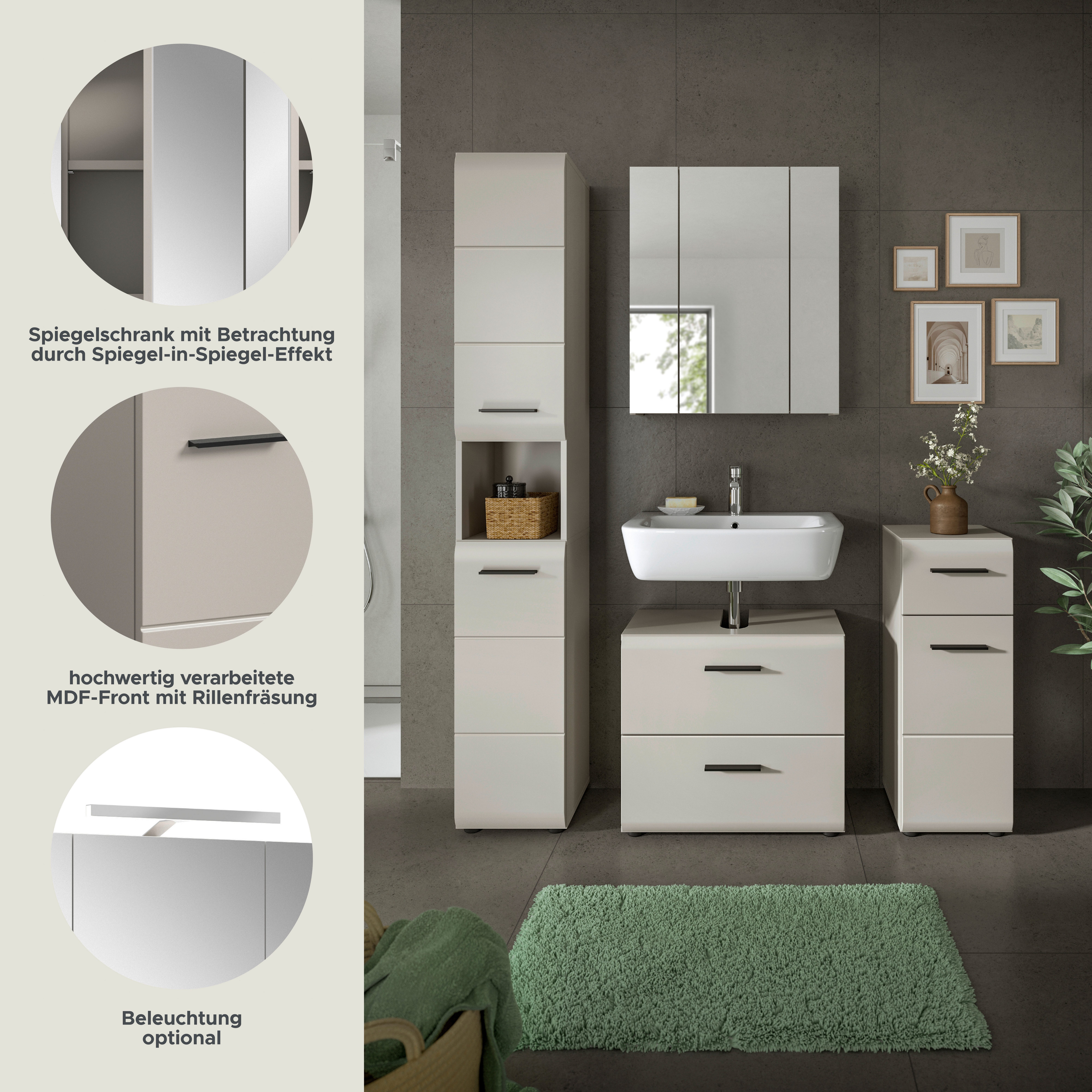 welltime Badezimmer-Set, (Set, 4-St., Hochschrank, WBU, Spiegelschrank, Standschrank hoch), Bad-Kombination, Bad-Möbel, Badezimmer, Kombination, Kombi