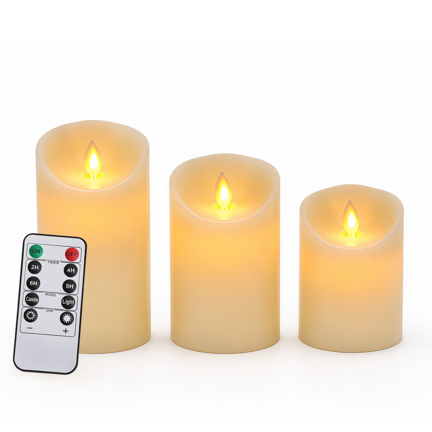 Clanmacy LED-Kerze 3X LED Kerzen Set Flackernd Mit Timerfunktion Fernbedienung Dimmbar, Warmweiß, Ø 7,5 cm × H 10 / 12,5 / 15 cm