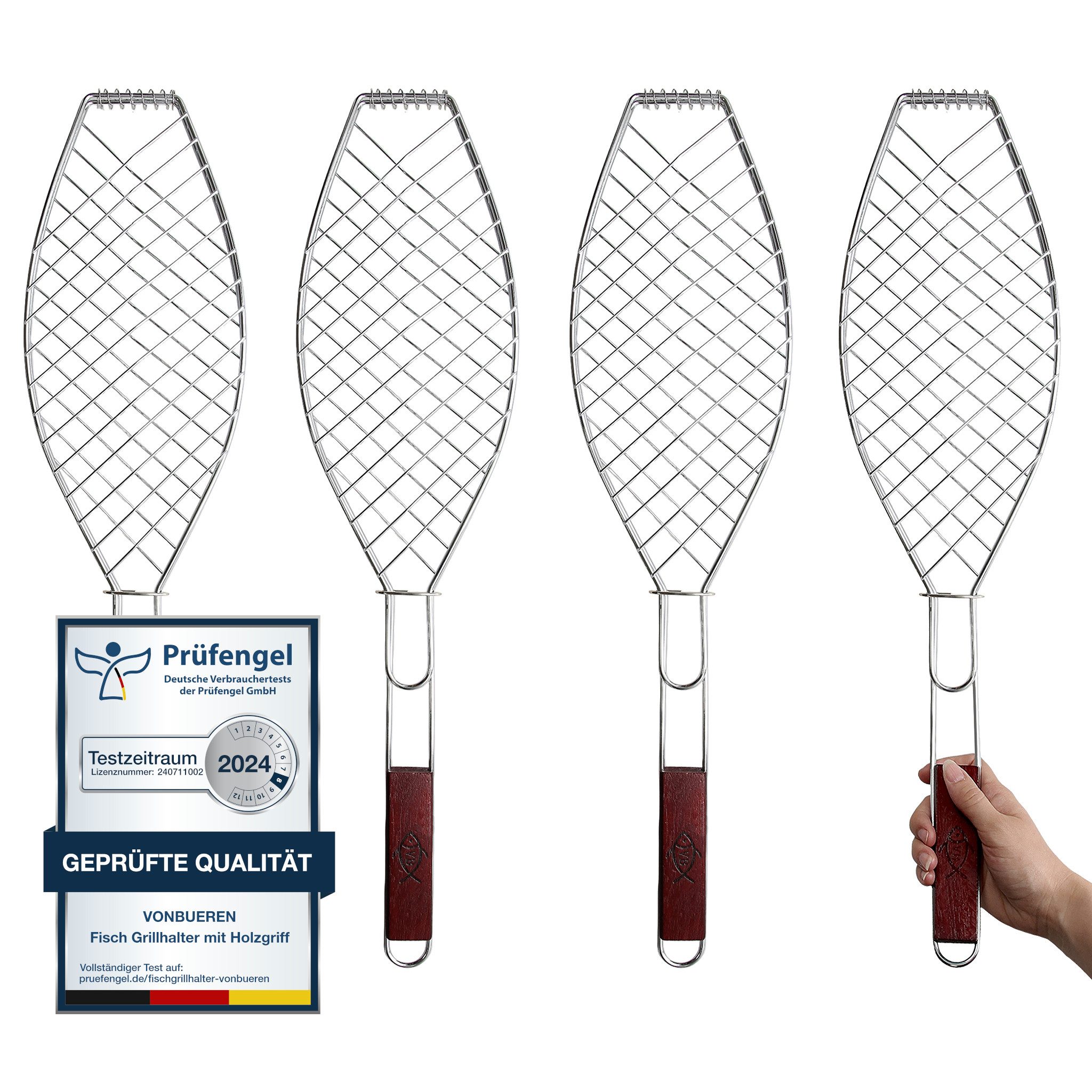 VonBueren Grillwender VonBueren Fisch-Grillhalter mit Holzgriff, 63x16 cm