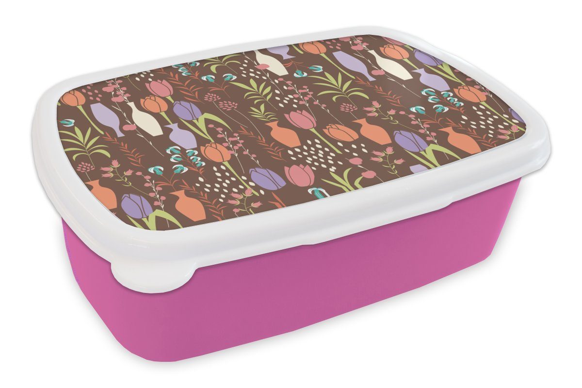 MuchoWow Lunchbox Blumen - Vase - Muster, Kunststoff, (2-tlg), Brotbox für Erwachsene, Brotdose Kinder, Snackbox, Mädchen, Kunststoff rosa