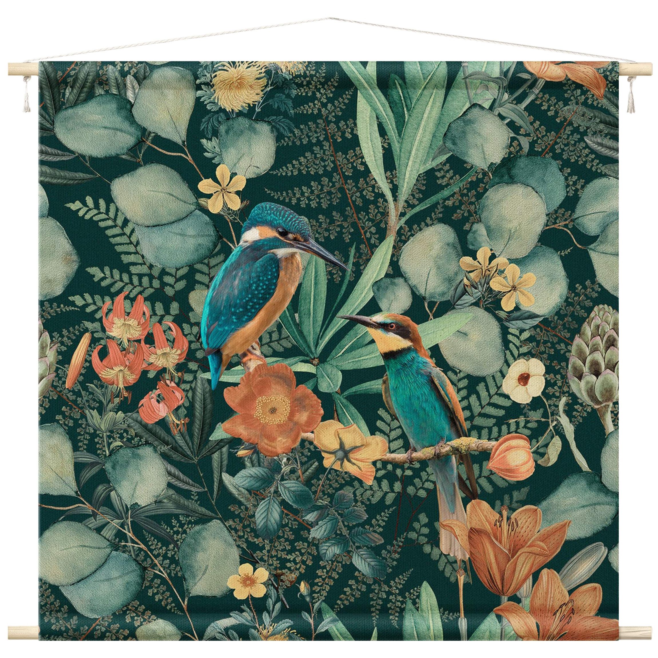 Bilderdepot24 Wandteppich modern Botanik Tiere Vögel grün, quadratisch, Höhe: 2.6 mm, großes Wandbild aus Natur-Baumwolle Wandbehang Stoffbild Tuch Wollseil