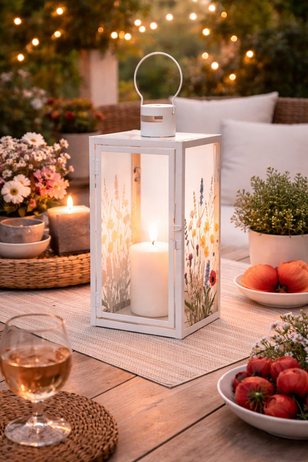 finehomegarden Kerzenlaterne Laterne mit Blütenmotiv Weiß Dekorative Garten- & Wohnlaterne Deko (1 St), aus Metall & Glas für Kerzen H24cm & H34cm 2Größen wählbar