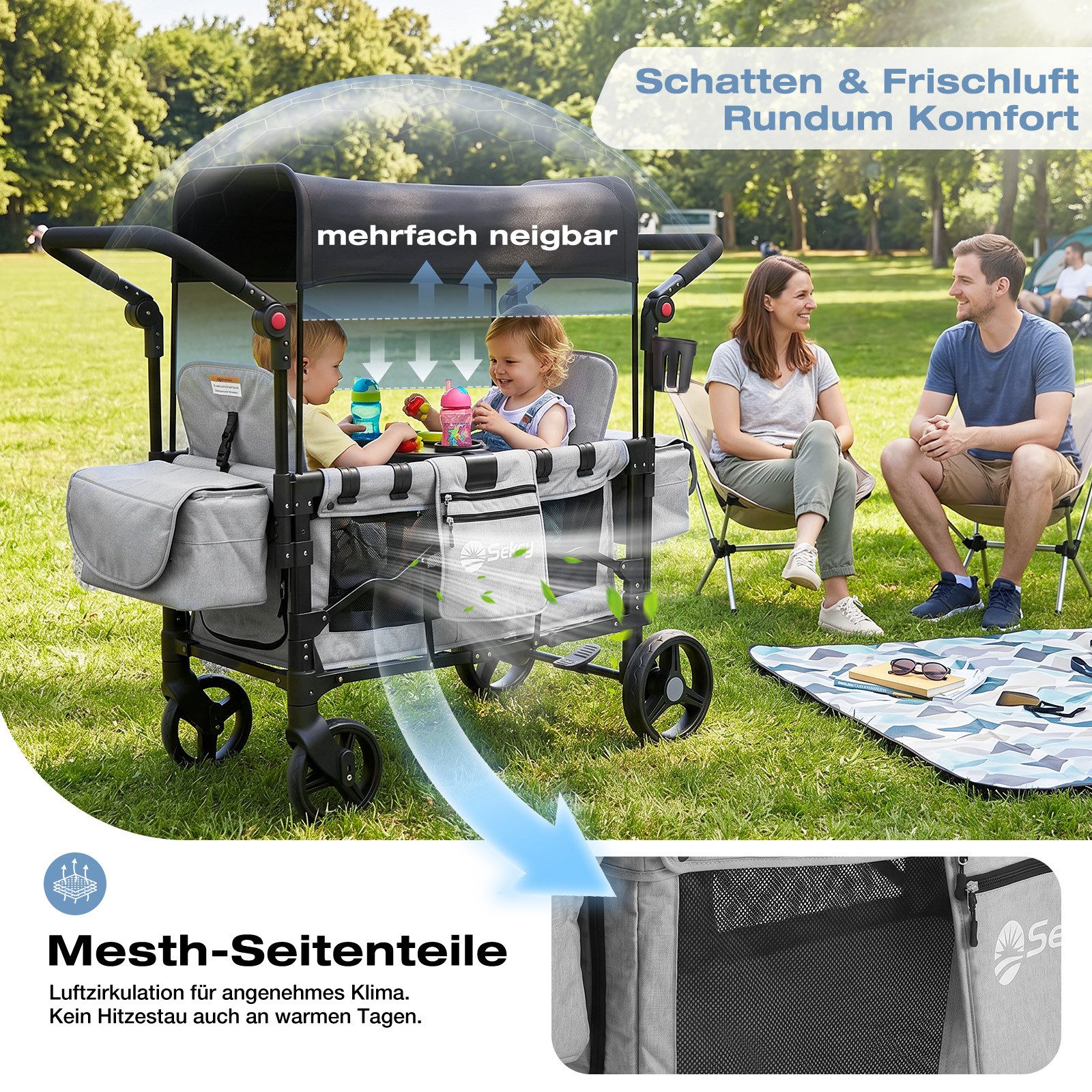 Sekey Bollerwagen für Kinder zum Sitzen, Bollerwagen Faltbar Kinderwagen für 2 Kinder, Duo Schiebegriff Kinderwagen mit 2 integrierten 5-Punkt-Gurtsystem