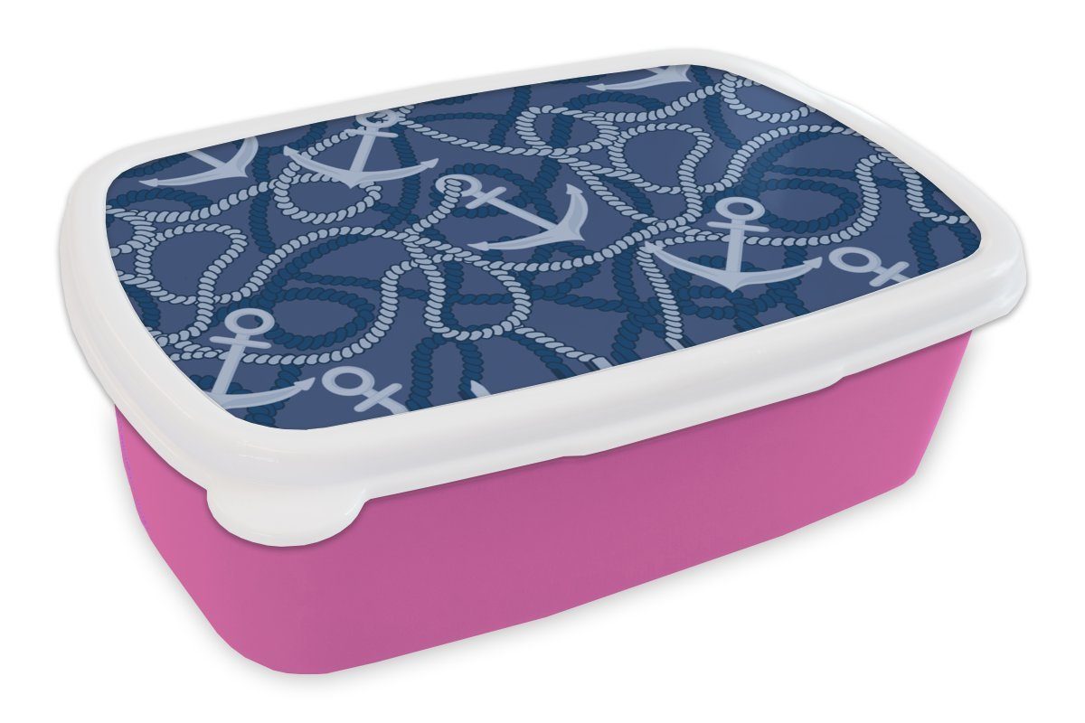 MuchoWow Lunchbox Muster - Anker - Seil, Kunststoff, (2-tlg), Brotbox für Erwachsene, Brotdose Kinder, Snackbox, Mädchen, Kunststoff rosa