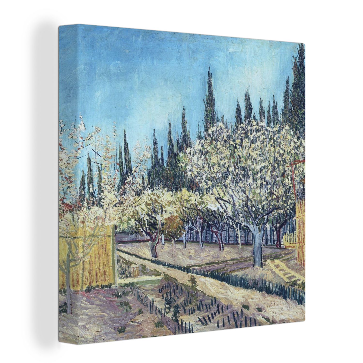 OneMillionCanvasses® Leinwandbild Obstgarten vor St), van - (1 für Vincent Wohnzimmer Schlafzimmer Bilder Leinwand bunt Zypressen Gogh