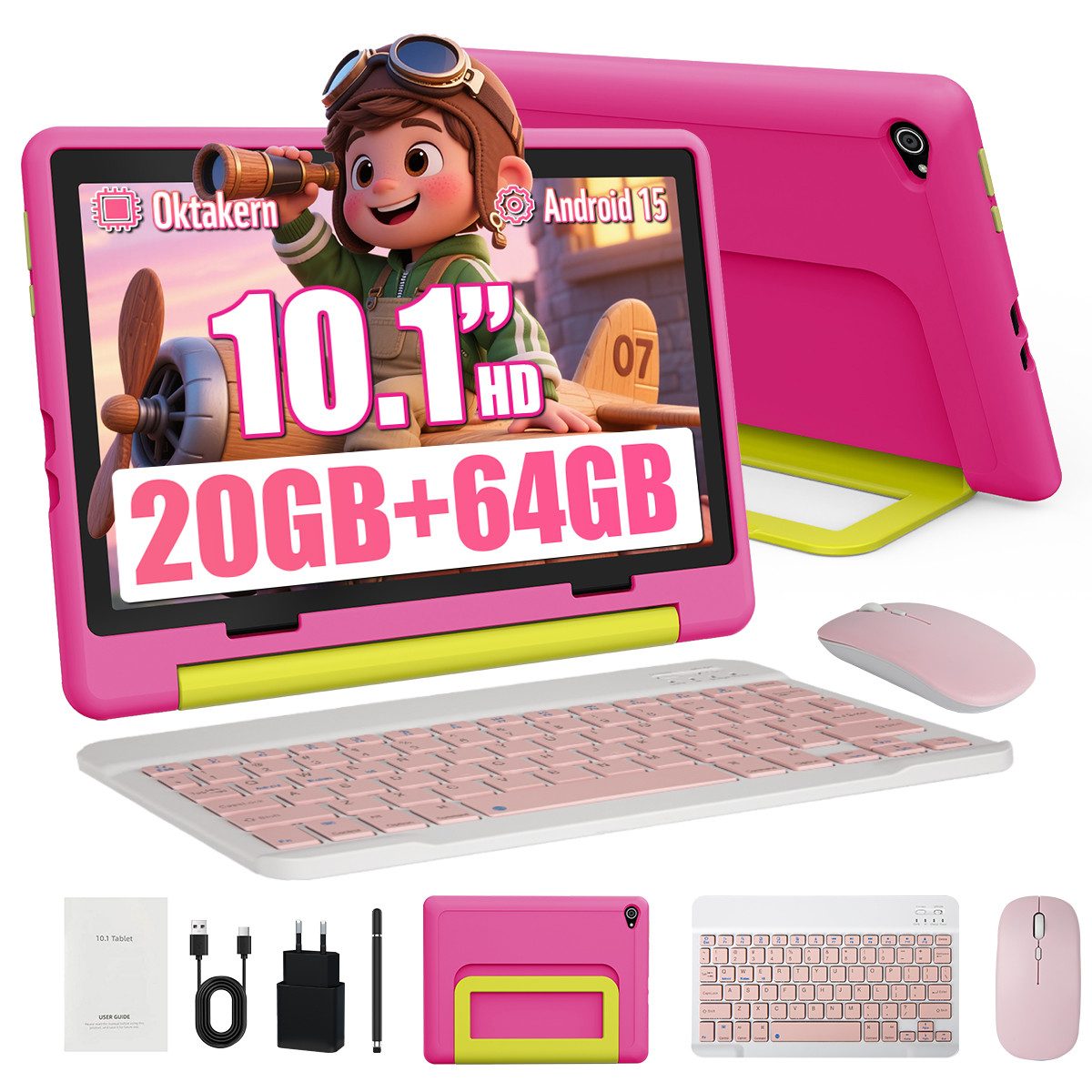 BUFO Android 15 10-Zoll, 20(3+17) GB RAM + 64 GB ROM (TF Expand 1TB) Kinder Tablet (10", 64 GB, Android 15, WiFi 6, Android 15 HD 1280x800 Lernen durch Spielen mit Tastatur/Stift/Maus)