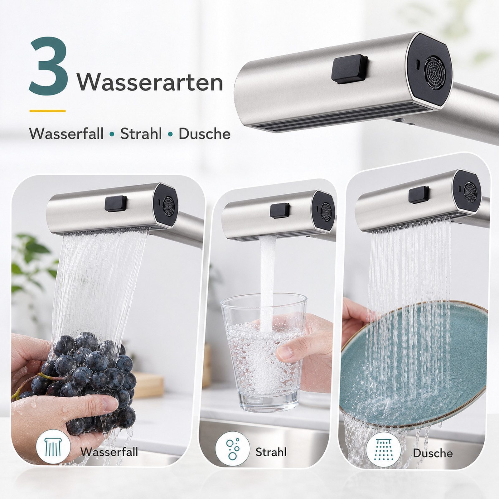 Ledklang Küchenarmatur Schwarz/Silber Edelstahl Optik ausziehbarer Brause Spültischarmatur (1-St) Einhebelmischer für Küchenspüle Armatur 360° Drehbar 3 Strahla – Bild 5 von 5