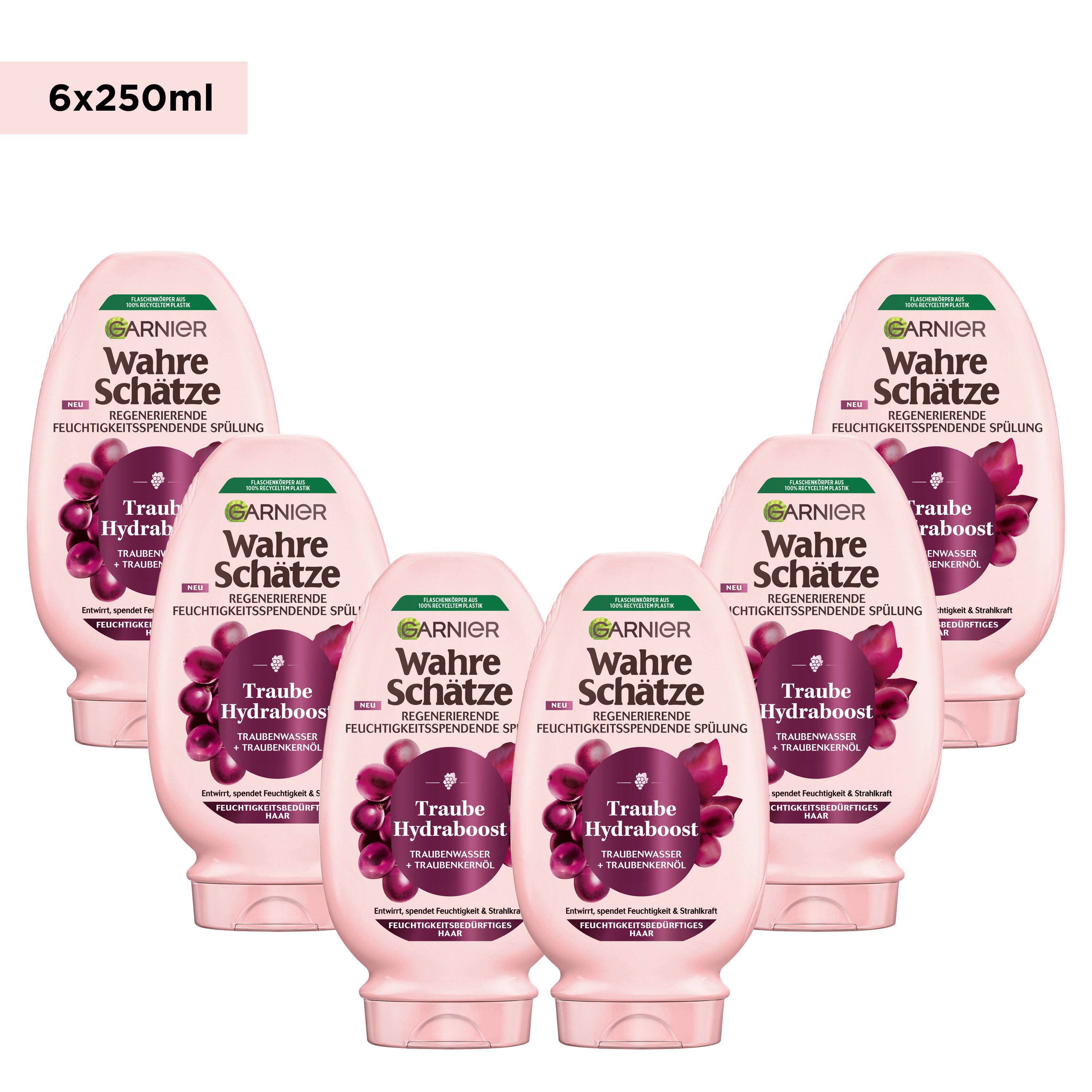 GARNIER Haarspülung WAHRE SCHÄTZE TRAUBE HYDRABOOST SPÜLUNG, Packung, 6-tlg., für feuchtigkeitsbedürftiges Haar, mit Traubenwasser und Traubenkernöl