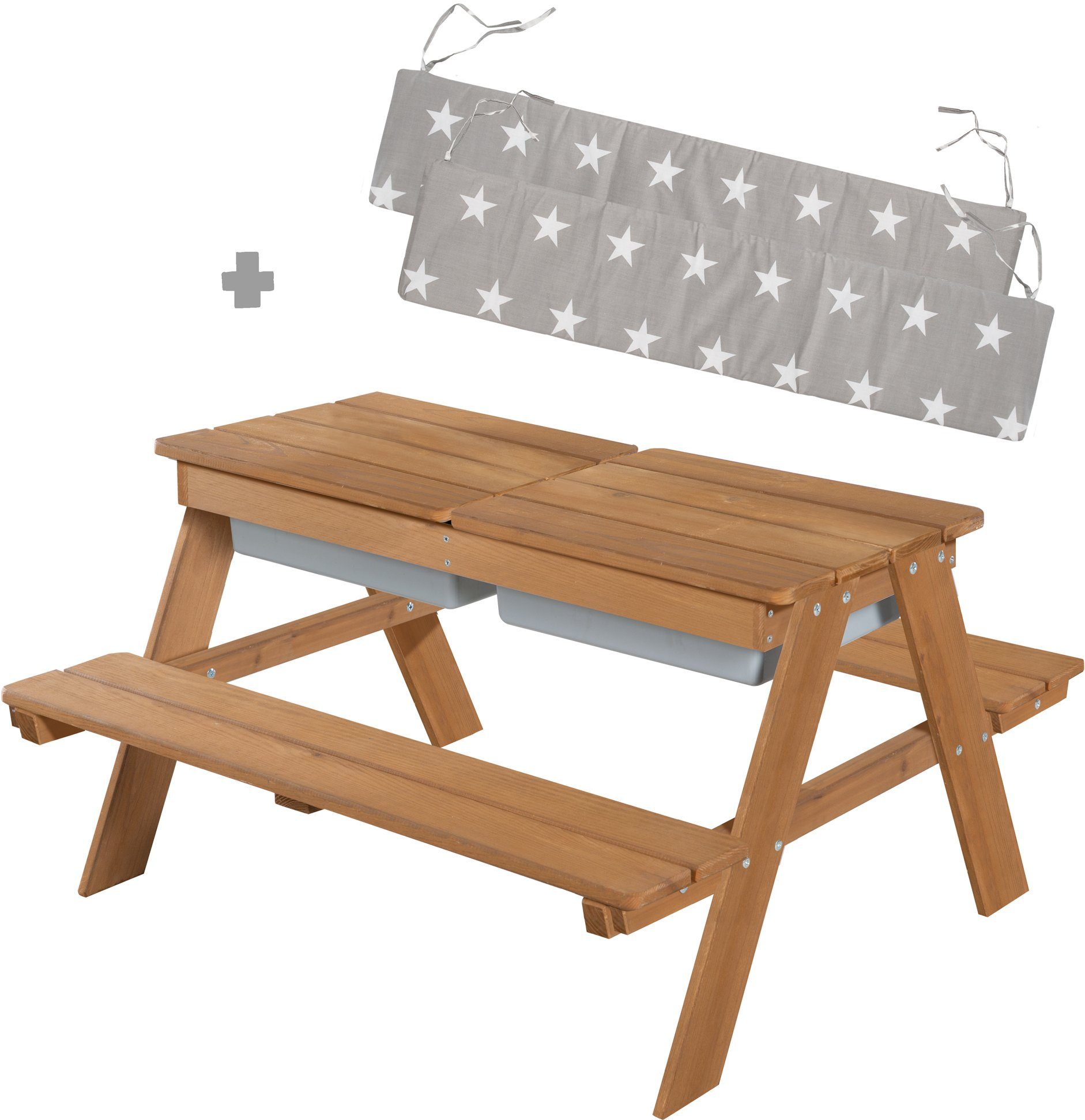 roba® Kindersitzgruppe Picknick for 4 Outdoor + mit Spielwannen, Teakholz-Optik, (Set), mit abgerundeten Ecken; inklusive Sitzauflagen Â»Little StarsÂ«