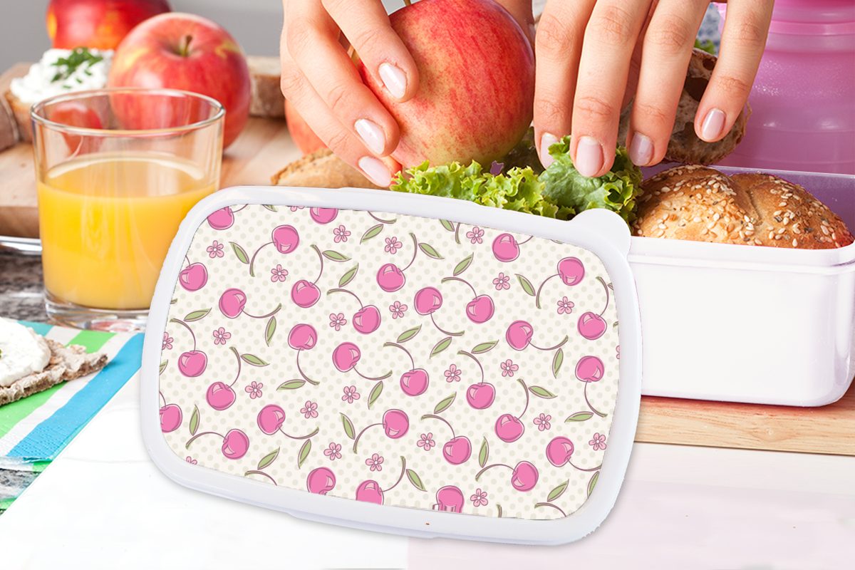 MuchoWow Lunchbox Kirschen - weiß - für und Kinder Brotdose, Blumen Brotbox - Kunststoff, Jungs Mädchen (2-tlg), Tupfen für und Erwachsene, Muster