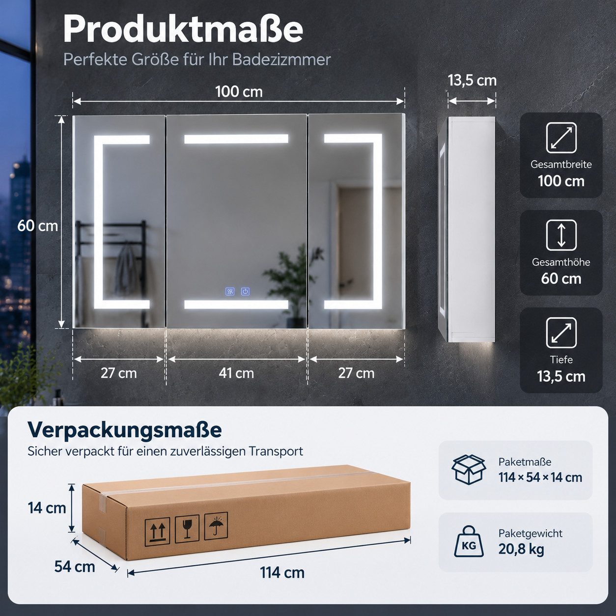 Simurq Badezimmerspiegelschrank 100 cm LED-Spiegelschrank mit 3 Türen, Anti-Beschlag Tuchentnahme im unteren rechten Bereich – Bild 2 von 5