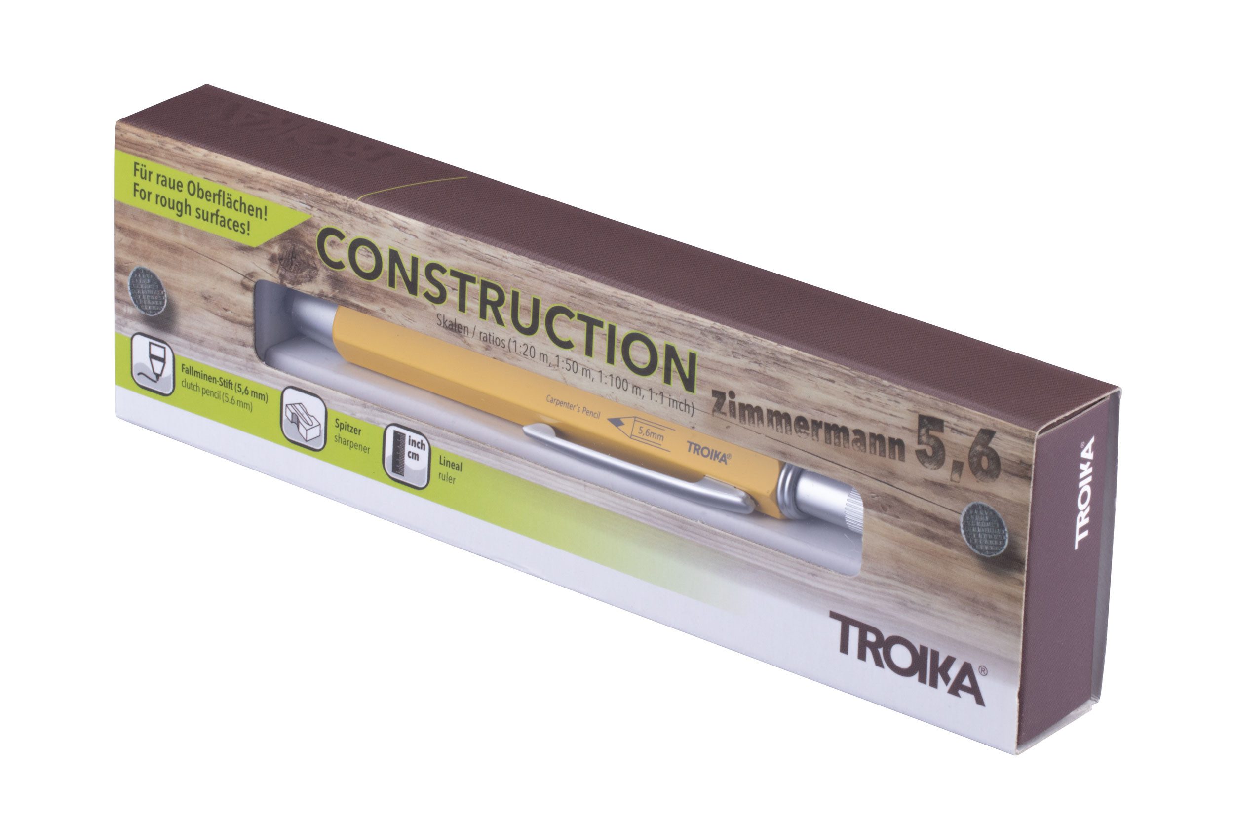 TROIKA Bleistift ZIMMERMANN 5,6mm Mine – mit Lineal & Anspitzer für Holz, Stein & Beton, (1-tlg., Skala in Zentimeter & Zoll), Fallminenstift für Baustellen, Profis & Heimwerker, robustes Werkzeug
