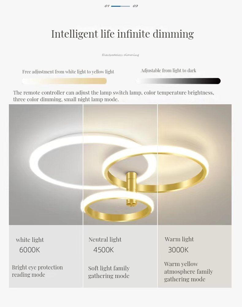 LED Deckenlampe Gold Deckenleuchte dimmbar Ringe Weiß + Dimmbar stufenlos 3/5 Fernbedienung integriert, Deckenleuchten fest mit Daskoo LED Schlafzimmer, LED Warmweiß/Neutralweiß/Kaltweiß,