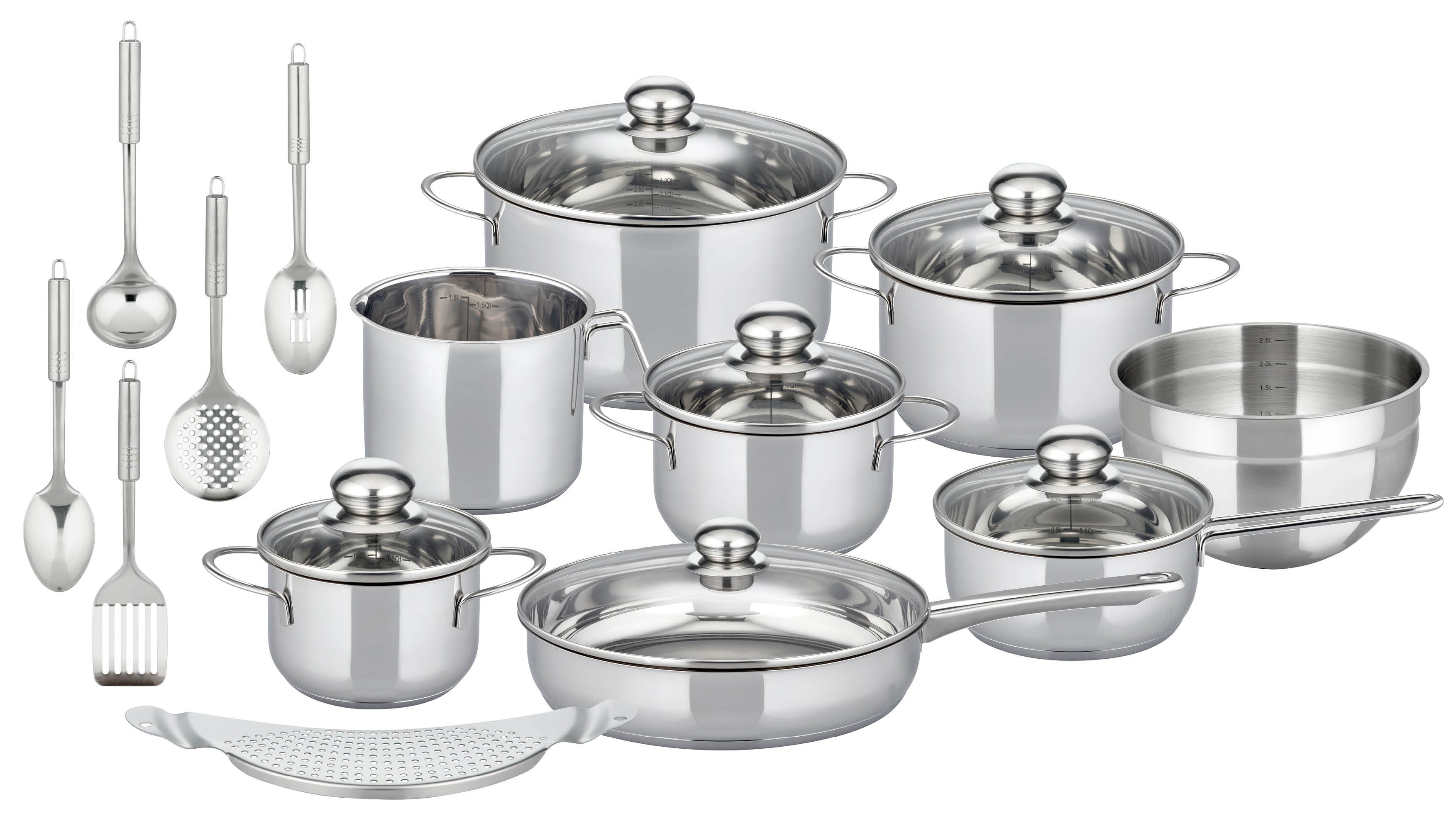 Elo Basic Topf-Set Prima Tavola Edelstahl Topfset 20-teilig, Edelstahl 201 (Set, 20-tlg), Volumenskala