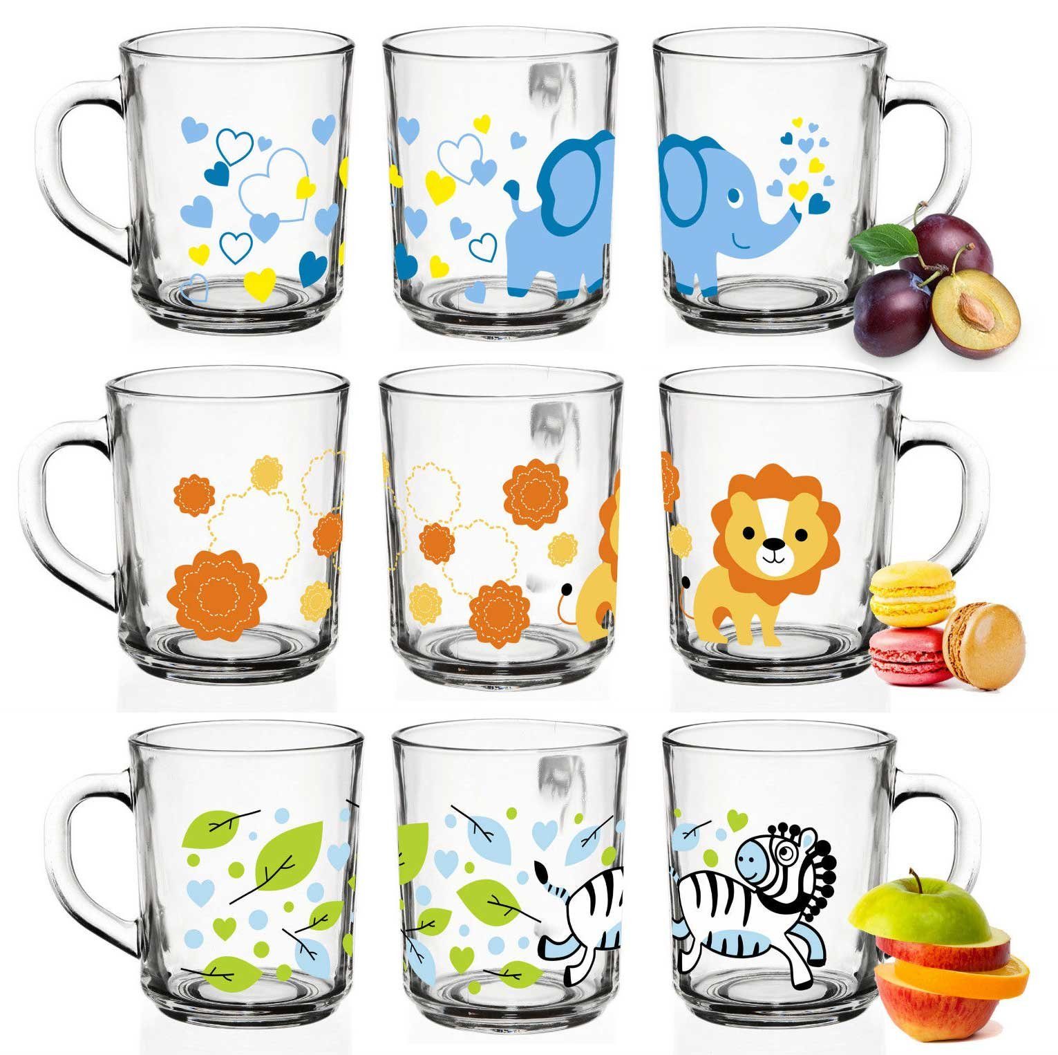 Sendez Teeglas 6 Tier-Motiv Becher Tassen 230ml Kindergläser Trinkgläser Saftgläser, Glas