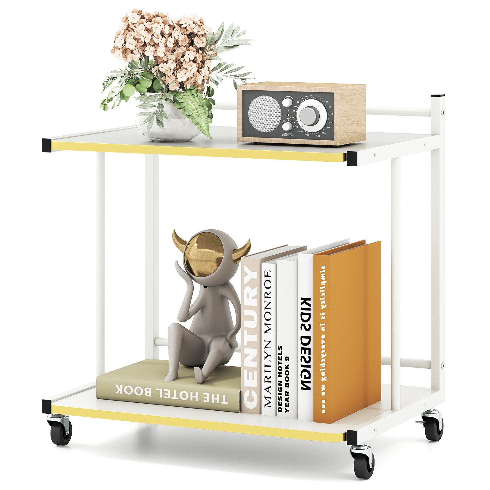 COSTWAY Beistelltisch, mit Rollen, 2 offenen Ablagen, Druckertisch Couchtisch C-Form