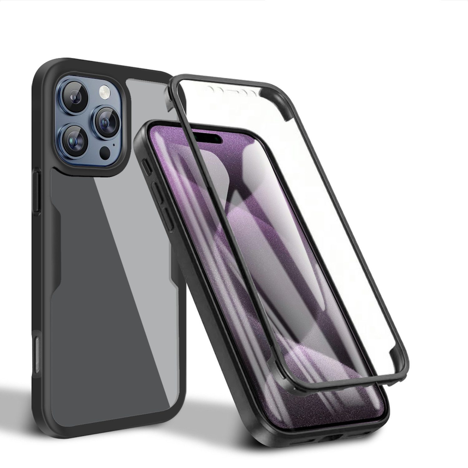 Wigento Handyhülle Für Apple iPhone 16 Pro Max Full Body 360 Grad Hybrid Bumper Schwarz