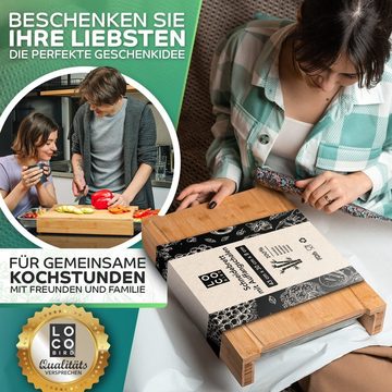 Loco Bird Schneidebrett mit Auffangschalen - 43x30x7cm groß -, Bambus, (Küchenbrett aus Bambus, 1-St., mit 2 Schalen aus Edelstahl), Ideales Küchenhelfer Gadget Set für die Küche