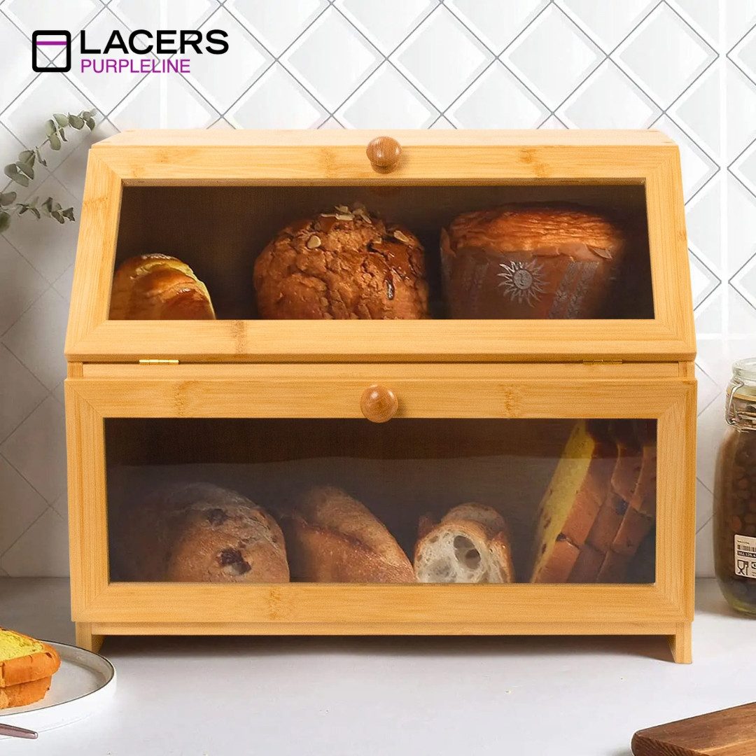 Lacers Brotkasten aus Bambus mit 2 Etagen & Sichtfenster, Bambus, (Brotkasten, Zweistöckige Ausführung, 39,5x25x32cm, 1 Brotkasten), Platzsparende Brotaufbewahr – Bild 5 von 5