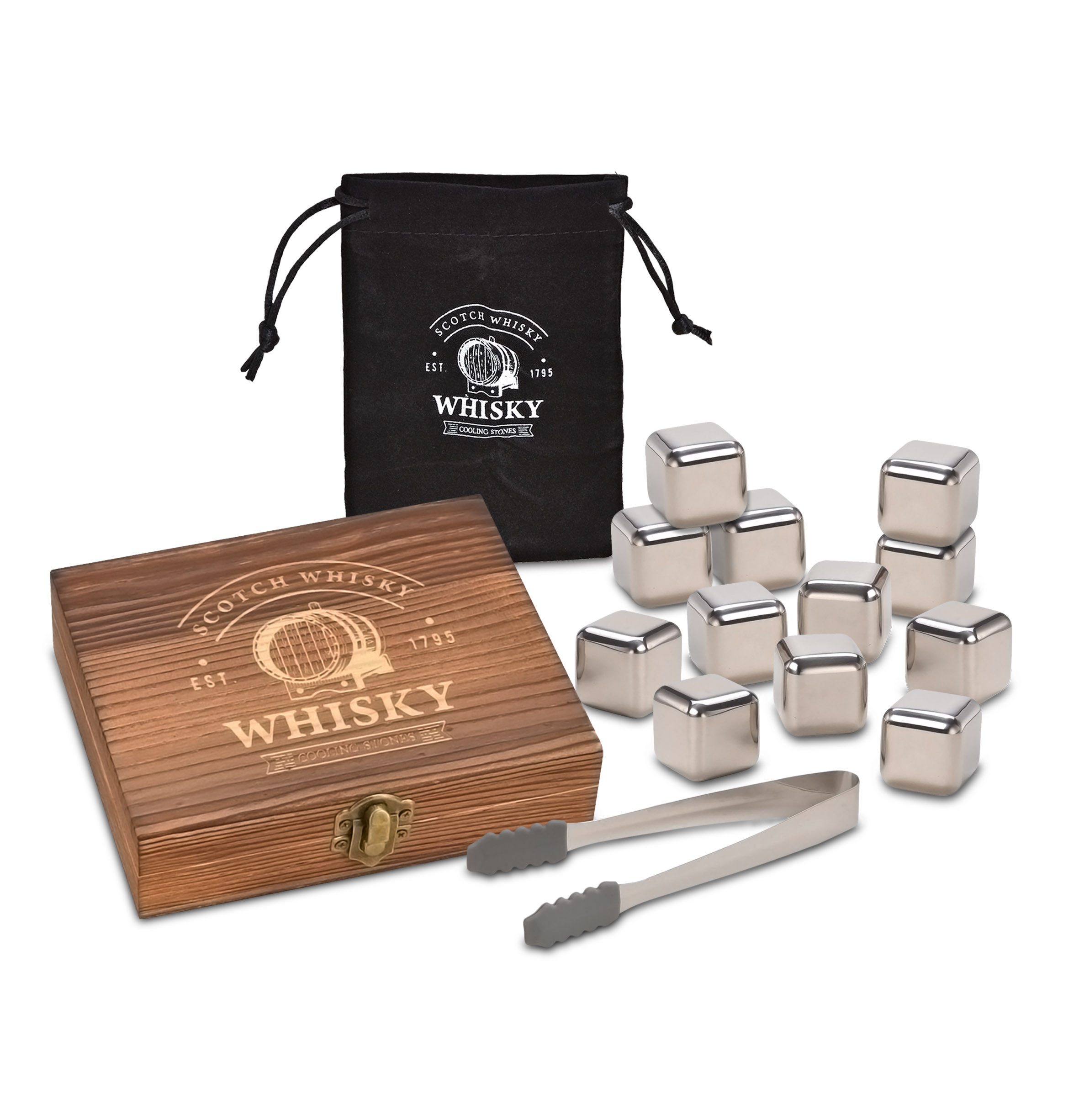 Eiswürfel-Steine Edelstahl Whisky Steine Geschenk Set in edler Holzbox - 14-teilig