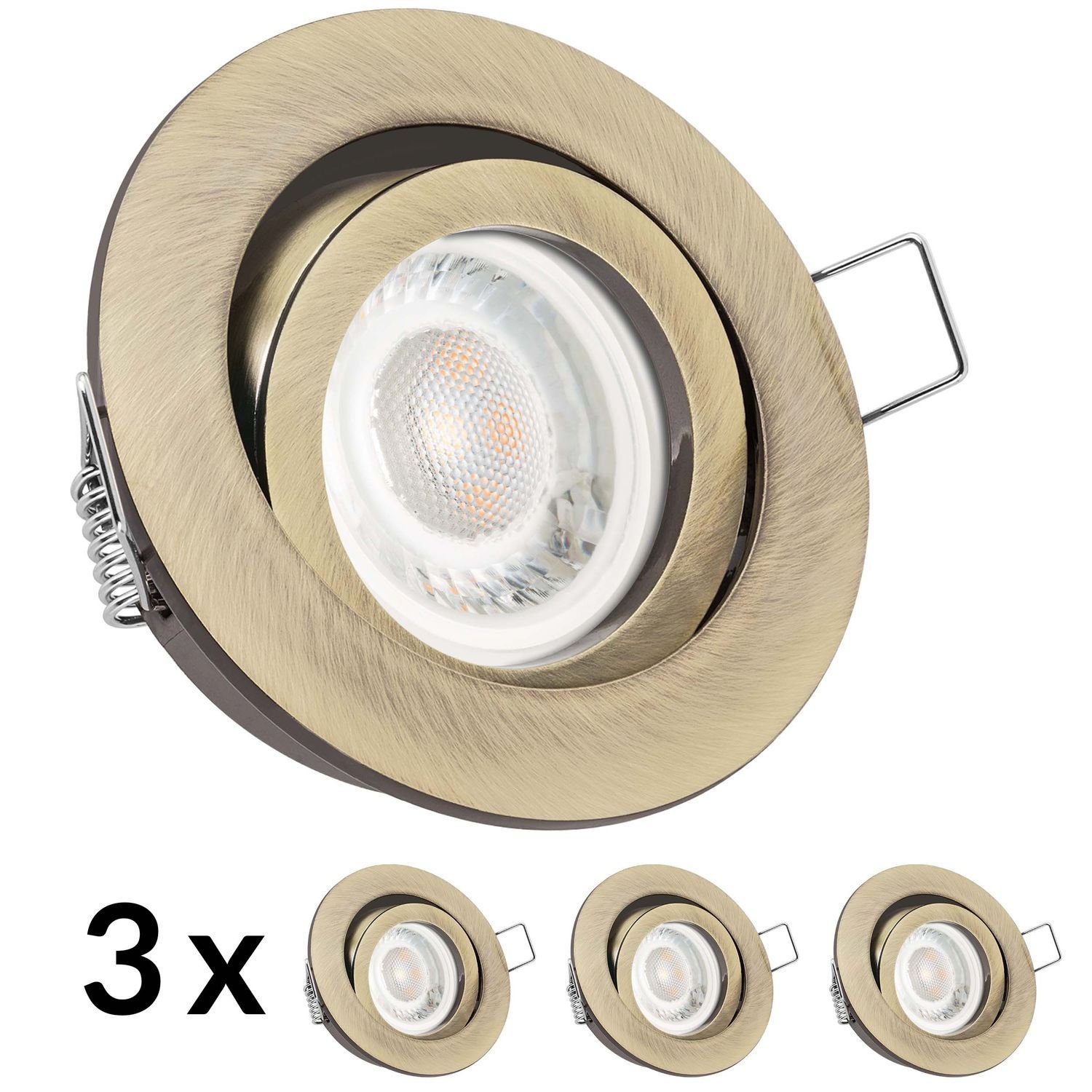 LEDANDO LED Einbaustrahler extra mit flach Set 3er Einbaustrahler in LED messing 5W Leucht / gold