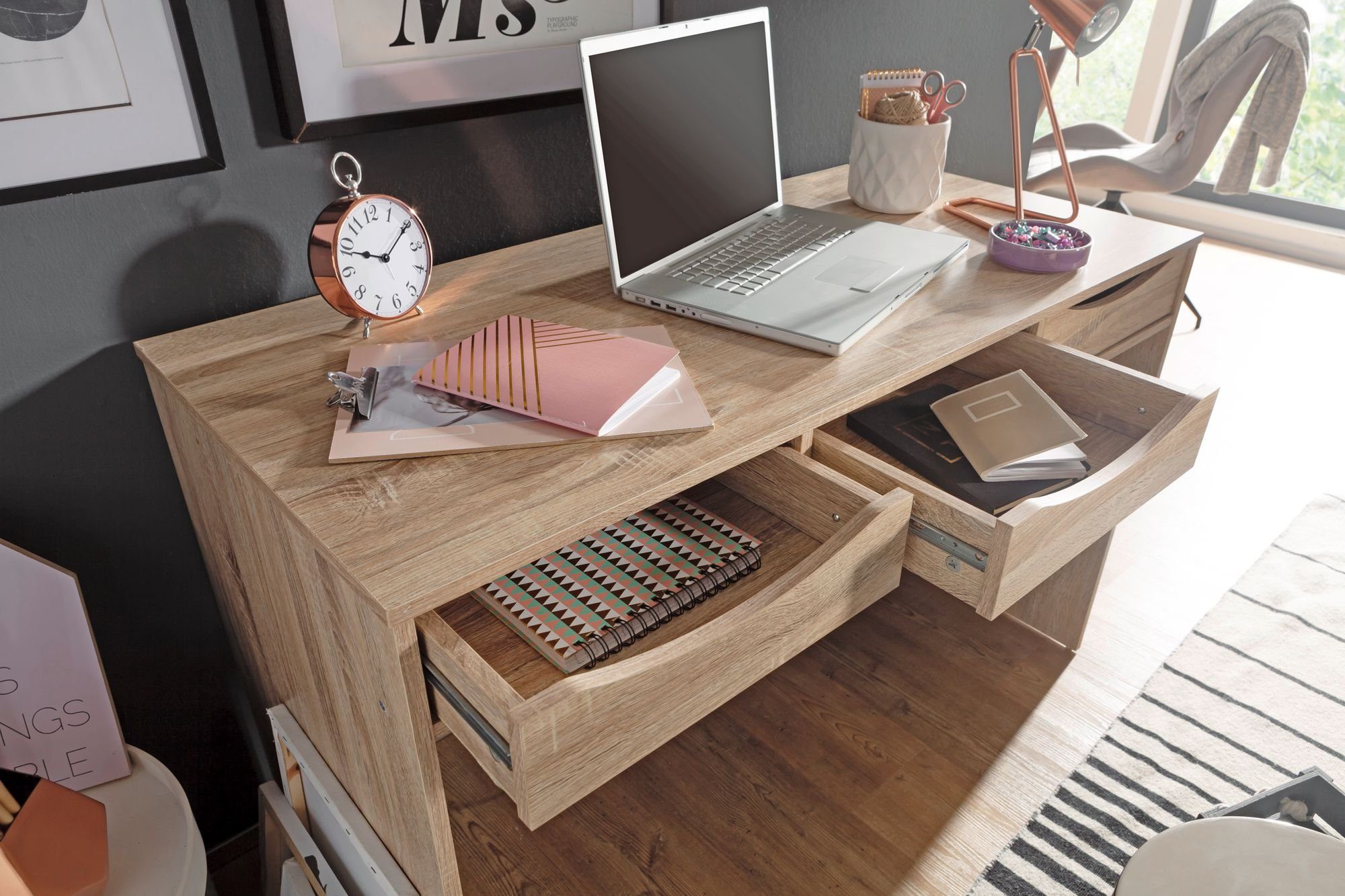 Wohnling Schreibtisch Home Office, Eiche (120x75x55 Stauraum Sonoma cm WL1.791 Bürotisch mit Schubladen, mit PC-Tisch Modern)