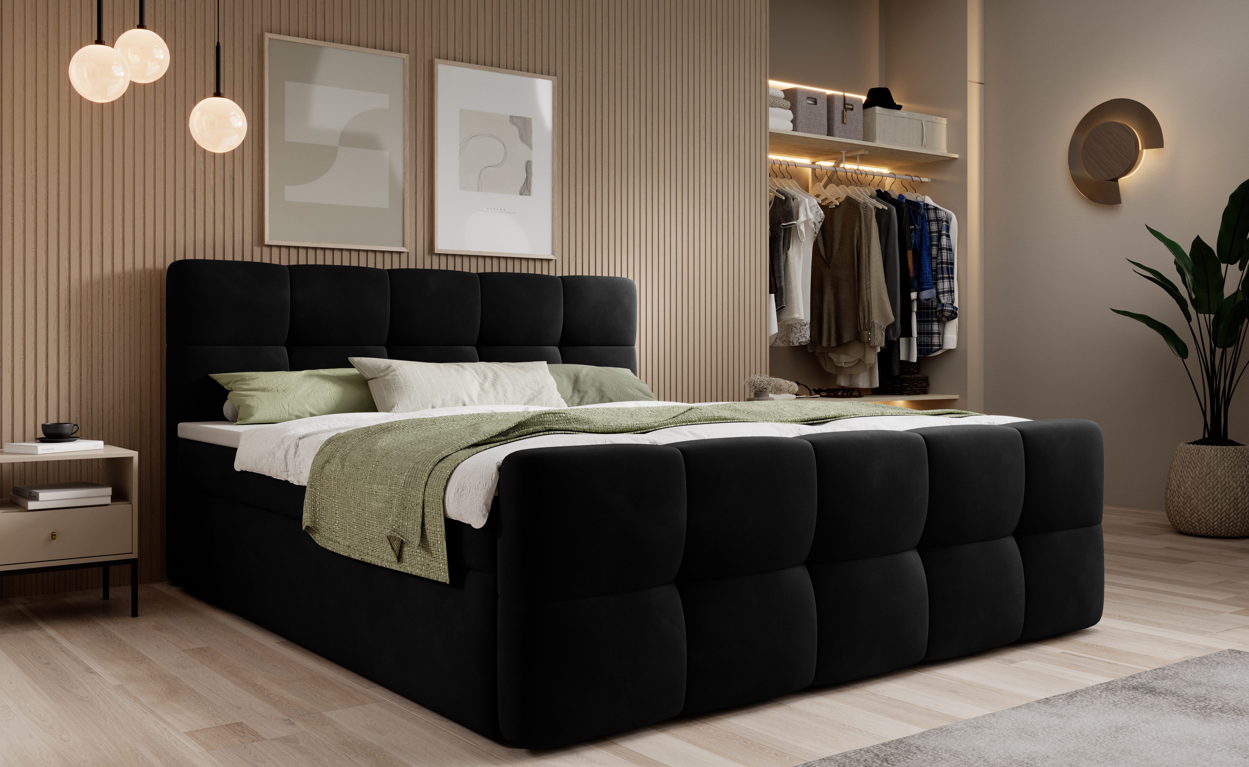 thematys Boxbett mit Bettkasten 140x200–200x200 cm – Velours oder Bouclé Bezug – (Polsterbett Bonnellfederkern Matratze H3 + Gratis 3cm Topper, Boxbett - Luxus Doppelbett mit Stauraum)