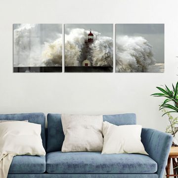 DEQORI Glasbild 'Leuchtturm bei Sturmflut', 'Leuchtturm bei Sturmflut', Glas Wandbild Bild schwebend modern