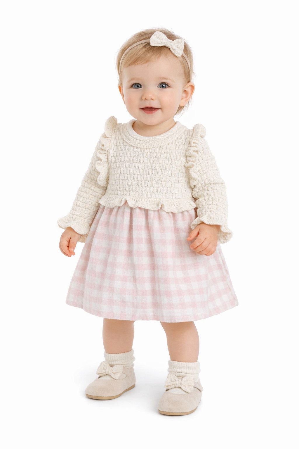 Lorey Medtec Strickkleid Baby Mädchen Kleid, 100% Baumwolle, Creme + rosa Karo, Rüschen-Design